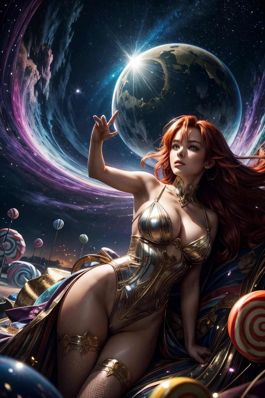 ((((Niji style manga comic art illustration)) dynamic view of a sexy sultry female Willy Wonka with wild red hair, large breasts, ((candyland english garden)), crazy expressions of mischief and wonder, (bold hues with swirls of shimmering magic), (lens flare), ((whimsical, enchanting, otherwordly, dreamlike fantasy), Ethereal, lighting, ambient occlusion, Soft illustrations), Global Reflections, Dense Atmospheric, Stellar Formations, Art That Plays with Scale, (Helical Prism), (Forced Perspectives), Beautiful, Mesmerizing Movement, (Awe Inspiring), Unity), (Strong Constrast Between Light and Dark), Serene and Elegant