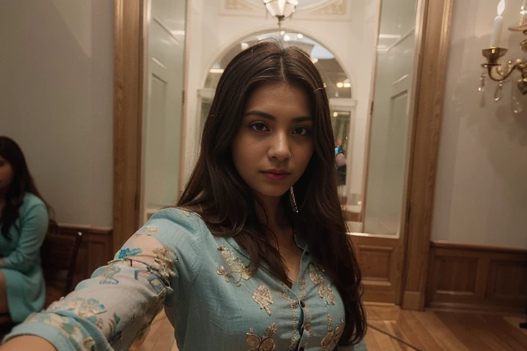 (Best quality, Ultra-detailed, Masterpiece:1.5), a beautiful pakistani woman taking a selfie at a club. The woman should have a flawless, highly detailed face with soft, luminous skin. Her long hair should be naturally brown and stylishly arranged. (Perfect Eyes:1.2), double eyelids, photo-realistic:1.5), cheerful expression