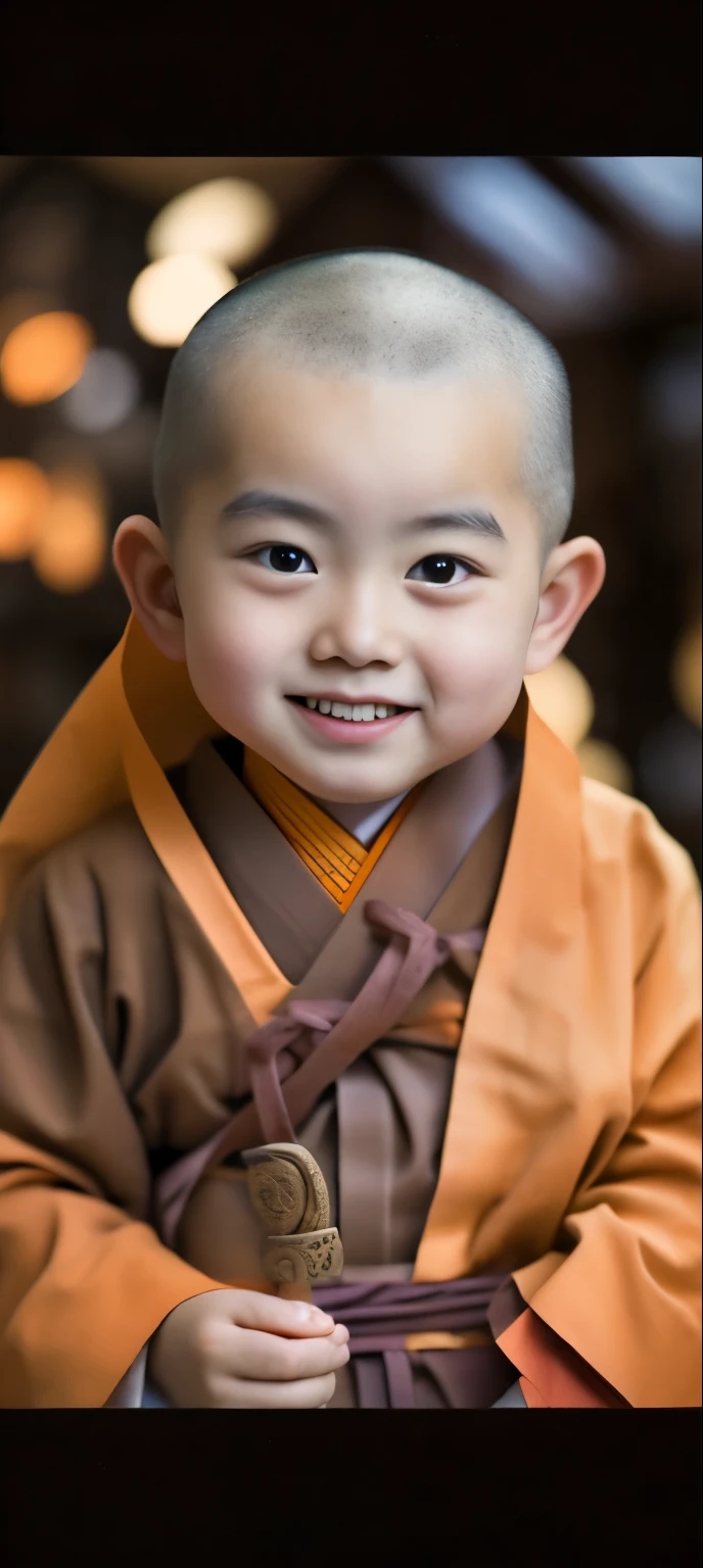 Young monk in Japanese temple costume,I was holding hands,sitting cross-legs,Smile at the camera