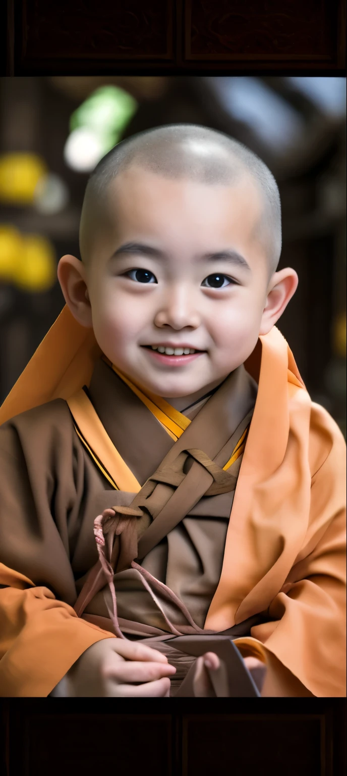 Young monk in Japanese temple costume,I was holding hands,sitting cross-legs,Smile at the camera