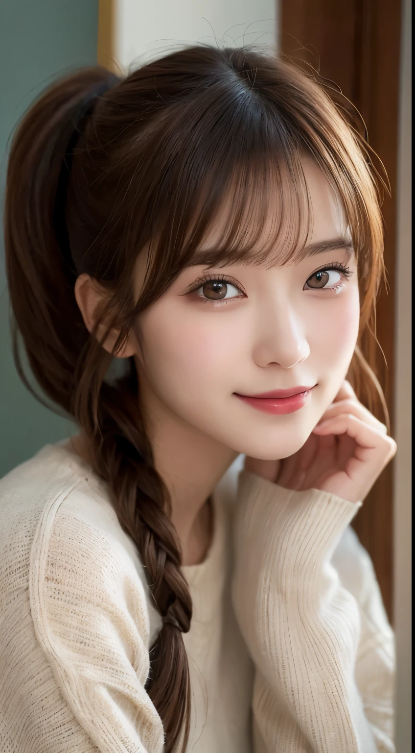 masutepiece, Best Quality, Illustration, Ultra-detailed, finely detail, hight resolution, 8K Wallpaper, Perfect dynamic composition, Beautiful detailed eyes, Trendy Women's Winter Fashion,poneyTail,small tits,Natural Color Lip,Smile,luxury home bedroom、20 years girl、Cute、is looking at the camera,Background blur