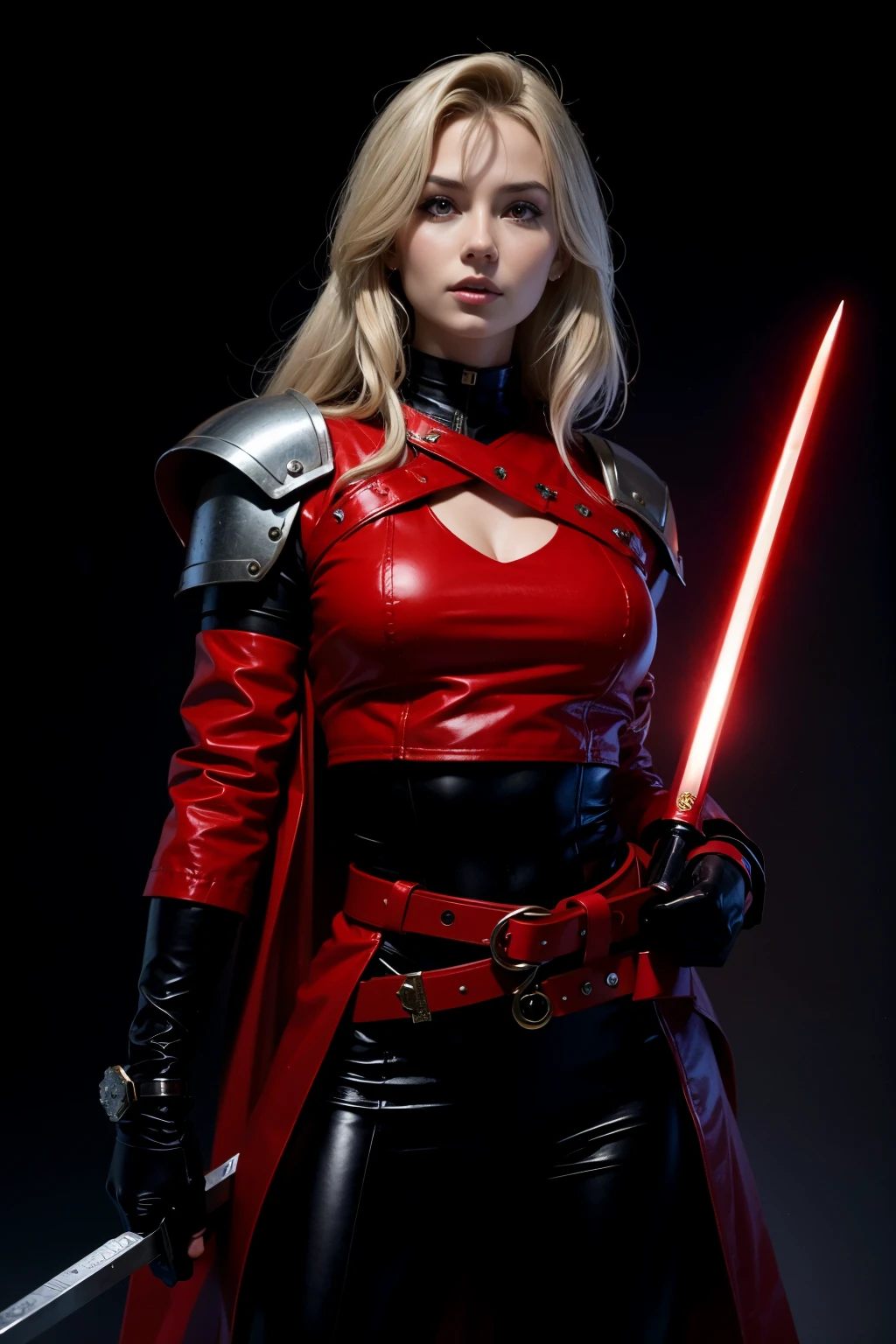 light brunette  woman in red leather outfit holding a sword and a red shield, wojtek fus, very beautiful cyberpunk samurai, [ trending on cgsociety ]!!, trending on cgsociety, artwork in the style of guweiz, ross tran 8 k, lady in red armor, ross tran style, rossdraws 2. 0, trending on cgsociety art