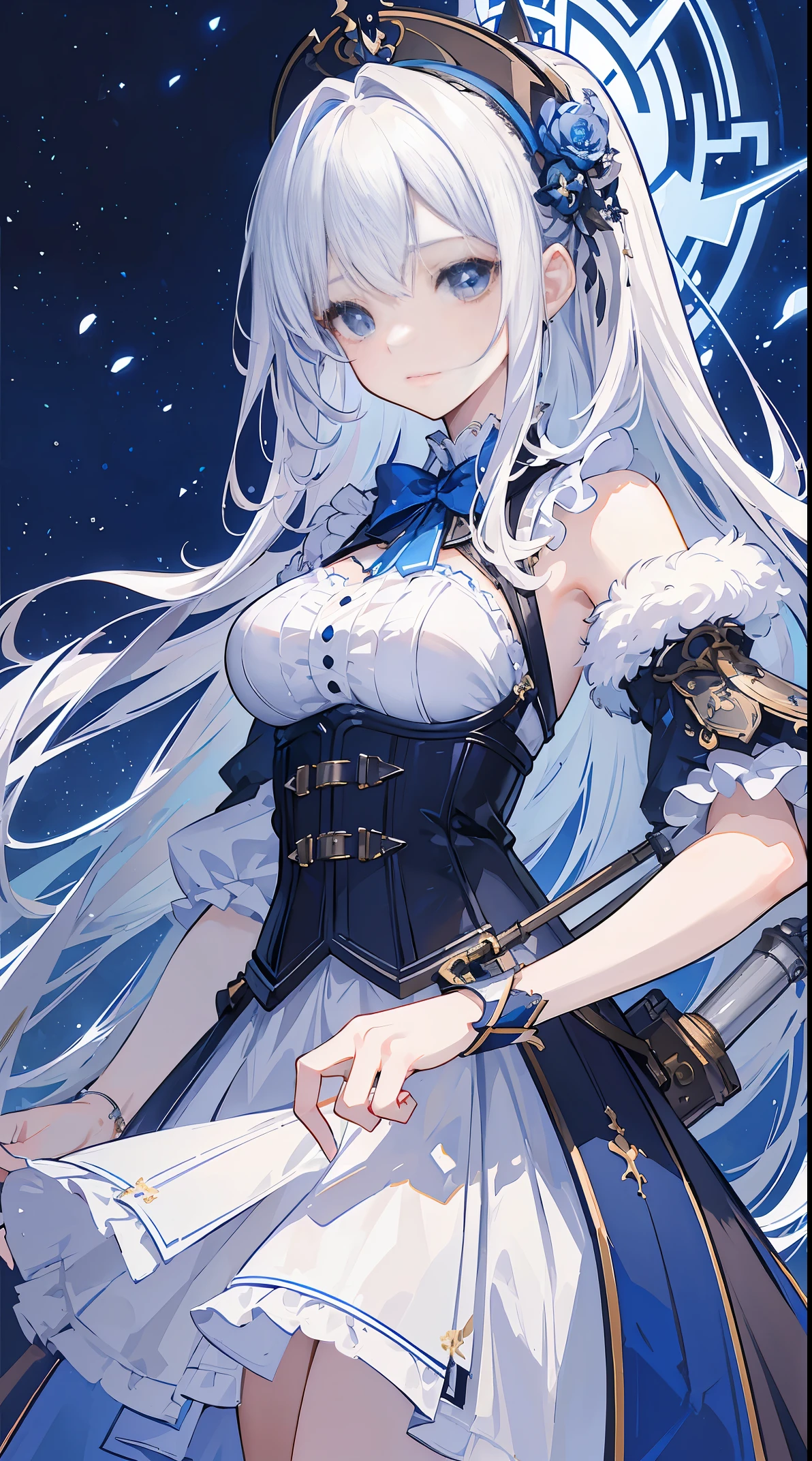 (((masterpiece)))、((top-quality))、(The ultra-detailliert)、(CG Illustration)、(a very beautiful woman))、Cinematic Light、((1 Mechanical Girl))、 (Beautiful and indulgent)()、Facing the front,white hair,Corset Belt,blue high waist skirt,Upper body portrait