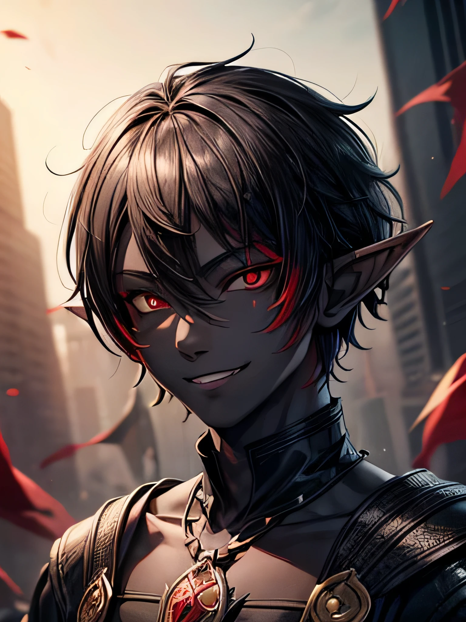 1boy, masterpiece, perfect face, ((((Blackskin)))), (((((red eyes))))), (Short black hair), ((perfection)), perfect eyes, standing up, grinning, ((Portrait)), (Half elf),