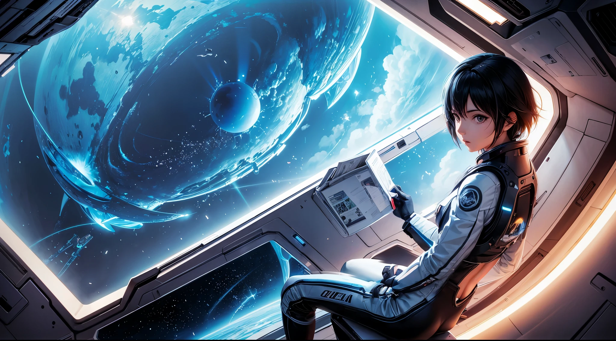 Estilo anime, que se sienta en el suelo y mira el planeta, Vaquera espacial, Cyber-Vaquera espacial, inspirado en Josan Gonzalez, Makoto Shinkai ( Leyendas de Apex ), Akira&#39;s art style, Ross Tran Stil, Vibraciones de Akira, Akira&#39;s art style, flotando junto a los planetas, Josan Gonzales, scifi art!!!!!!!, Josan Gonzales!!!, en el espacio, modern sci-fi anime