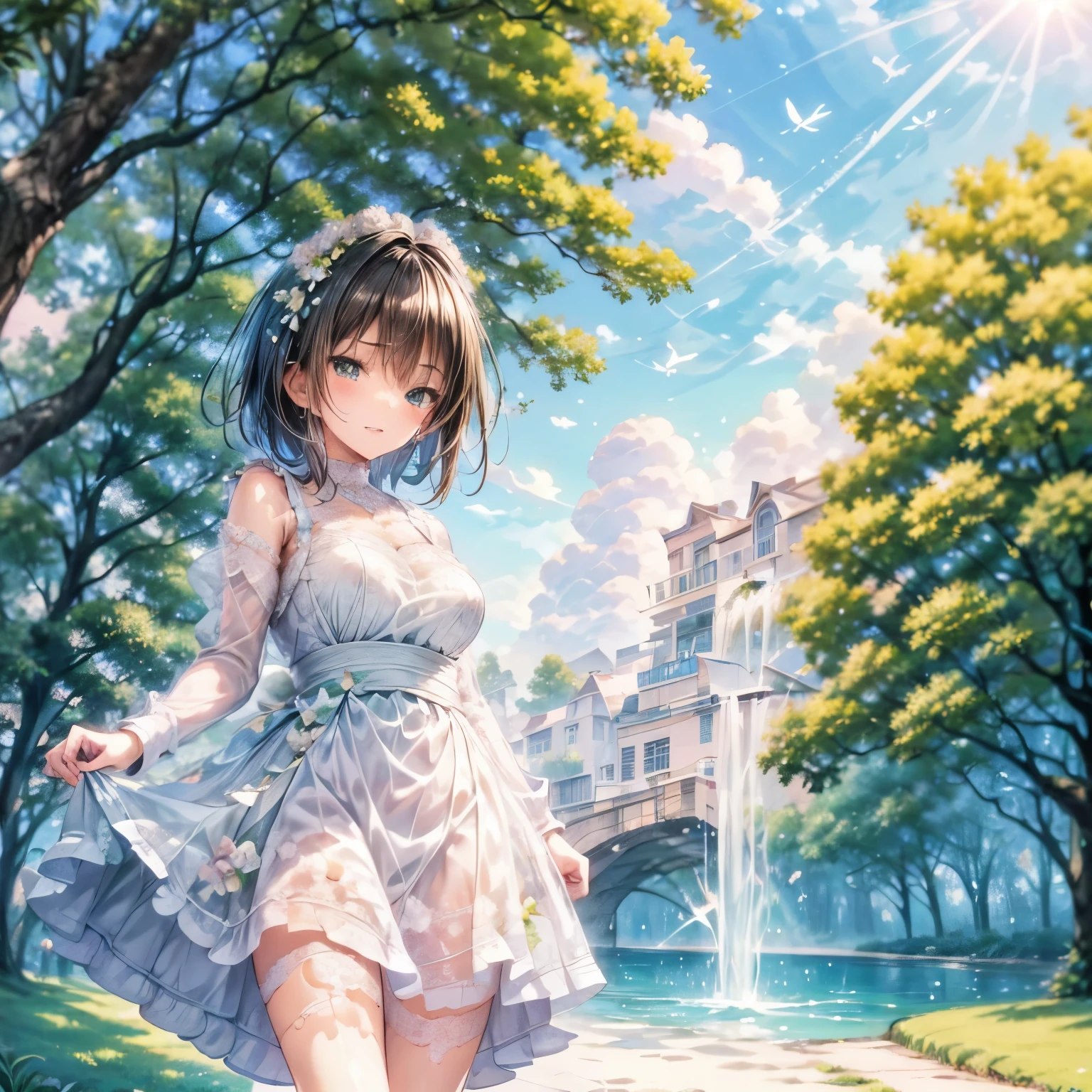 cute girl in the park,Illustration,Colorful,Playful,Joyful,Magical atmosphere,Bright sunlight,happy mood,flying birds,fountain spraying water,giggle,Lively atmosphere,Fresh green lawn,Floral dress,Flowing hair,Friendly smile,lovely expression,Transparent wings,Dancing butterflies,hand holding Colorful balloon,Scenic beauty,Bright blue sky,Happiness that oozes from within,Crisp summer day,Soft sunlight through the leaves,Background motion blur effect,Trees illuminated by the sun々casts a shadow,Playful shadows on the ground,Lens flare effect,Expressive eyes and face,Vibrant colors,Sharp Focus,Realistic details,Masterpiece Quality,high-resolution vivid Illustration,hdr effect,Ultra-detailed features.