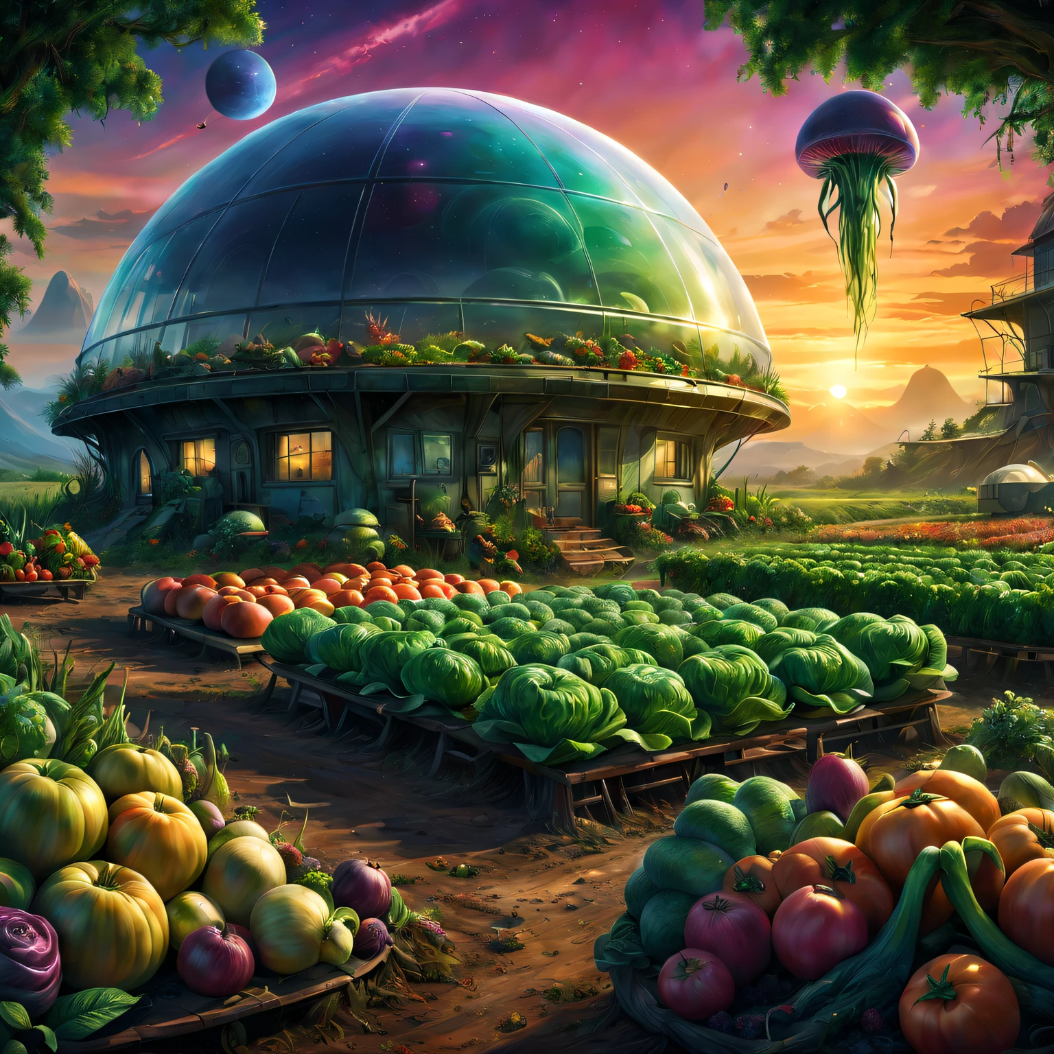 magnificent landscape painting,Alien farm life,Agricultural scenarios of the future,plethora of colors,the sunset,Abundant fruits and vegetables,Tano,fortune,Qianqian,Stack of cash on farmhouse table,Transparent dome covering the farm,Surreal atmosphere,otherworldly landscapes,Unusual alien architecture,bioluminescent plant life,Harmonious coexistence between aliens and nature,Vibrant colors blend with cosmic tones,Aliens tend crops with precision and care,Unique alien flora and fauna,scifi concept art。(Best quality at best,4K,8K,A high resolution,tmasterpiece:1.2),ultra - detailed,(actual,photoactual,photo-actual:1.37),