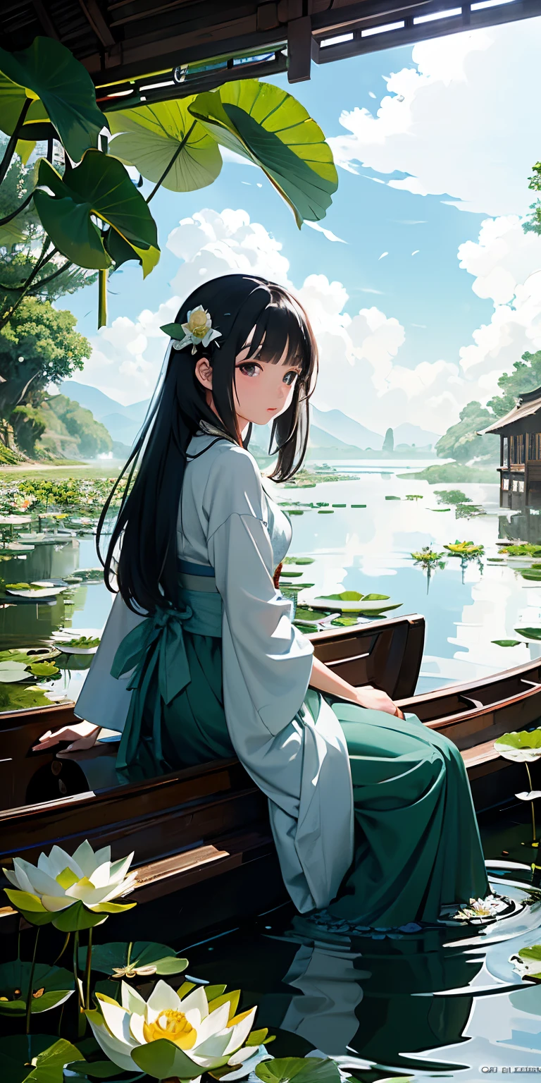 Masterpiece, best quality, official art, 8k wallpaper, very detailed, illustration, night outdoor landscape, moonlight, small building, (1 girl, spread out Hanfu long skirt, sitting on a boat, drunken expression, black hair, long hair, detailed eyeREAK, (background: river full of lotus leaves, lots of lotus leaves: 1.3, many, many withering lotuses: 1.3, clouds in the sky), lots of lotus leaves, lots of lotus flowers, withering lotus flowers