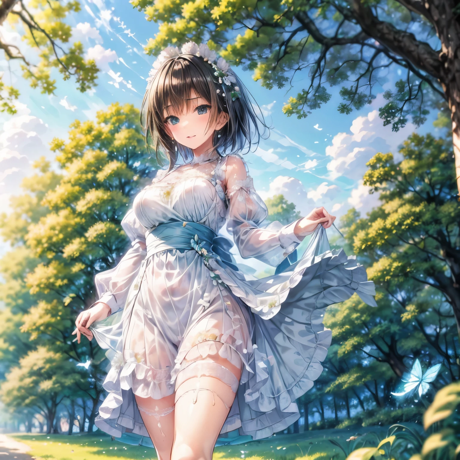 cute girl in the park,Illustration,Colorful,Playful,Joyful,Magical atmosphere,Bright sunlight,happy mood,flying birds,fountain spraying water,giggle,Lively atmosphere,Fresh green lawn,Floral dress,Flowing hair,Friendly smile,lovely expression,Transparent wings,Dancing butterflies,hand holding Colorful balloon,Scenic beauty,Bright blue sky,Happiness that oozes from within,Crisp summer day,Soft sunlight through the leaves,Background motion blur effect,Trees illuminated by the sun々casts a shadow,Playful shadows on the ground,Lens flare effect,Expressive eyes and face,Vibrant colors,Sharp Focus,Realistic details,Masterpiece Quality,high-resolution vivid Illustration,hdr effect,Ultra-detailed features.