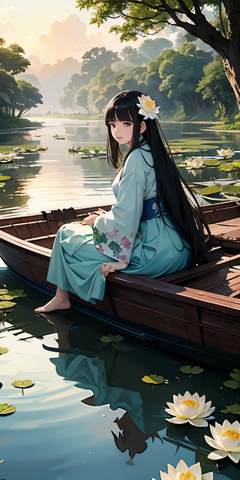 Masterpiece, best quality, official art, 8k wallpaper, very detailed, illustration, night outdoor landscape, moonlight, small building, (1 girl, spread out Hanfu long skirt, sitting on a boat, drunken expression, black hair, long hair, detailed eyeREAK, (background: river full of lotus leaves, lots of lotus leaves: 1.3, many, many withering lotuses: 1.3, clouds in the sky), lots of lotus leaves, lots of lotus flowers, withering lotus flowers