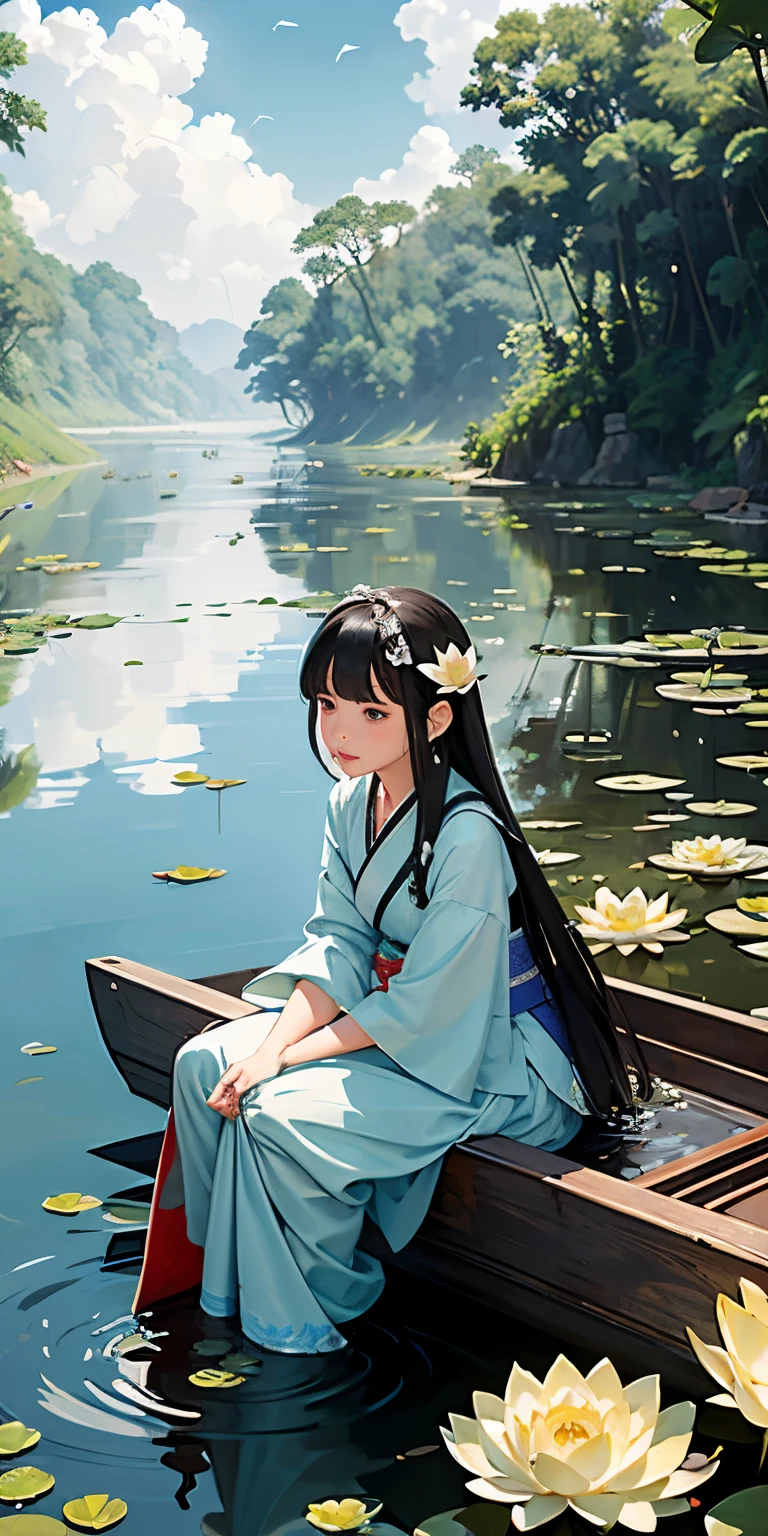 Masterpiece, best quality, official art, 8k wallpaper, very detailed, illustration, night outdoor landscape, moonlight, small building, (1 girl, spread out Hanfu long skirt, sitting on a boat, drunken expression, black hair, long hair, detailed eyeREAK, (background: river full of lotus leaves, lots of lotus leaves: 1.3, many, many withering lotuses: 1.3, clouds in the sky), lots of lotus leaves, lots of lotus flowers, withering lotus flowers