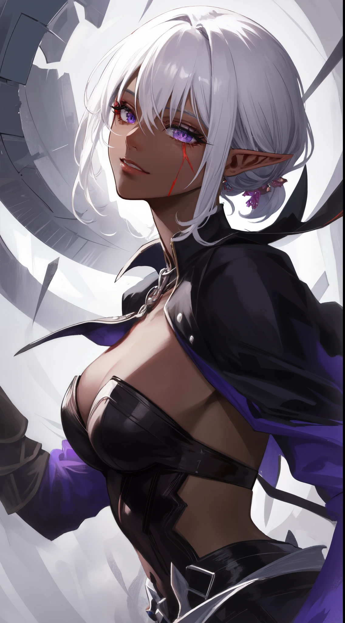 ((masterpiece, best quality)), (fractal art:1.3), the chaos knight, design by Yoshitaka Amano , life bringer, justice, death, death's gaze, demon within, corrupted, frank frazetta, BREAK, highly detailed of (dark elf), (1girl), solo, perfect face,details eye, short hair, low ponytail, Blunt bangs, (hair between eye), white hair, violet eyes, fantasy art by Artgerm, by Kawacy, by Wadim kashin, BREAK, eyelashes, eyeshadow, pink eyeshadow, (Scar on face), ((dark skin)), glaring, smile, medium breast, BREAK, extremely detailed, dynamic angle, the most beautiful form of chaos, elegant, a brutalist designed,