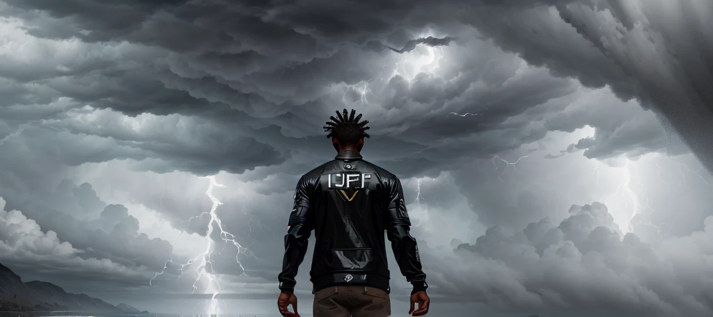 a man, looking back, wearing a black jacket ((bearing the name IJEF)), is looking at a thunderstorm