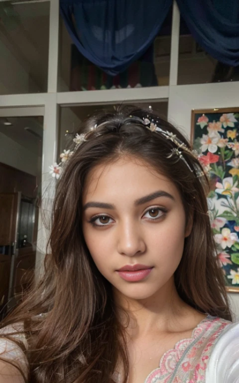 (Best quality, Ultra-detailed, Masterpiece:1.5), a beautiful pakistani woman taking a selfie. The woman should have a flawless, highly detailed face with soft, luminous skin. Her long hair should be naturally brown and stylishly arranged. (Perfect Eyes:1.2), double eyelids, photo-realistic:1.5), white background