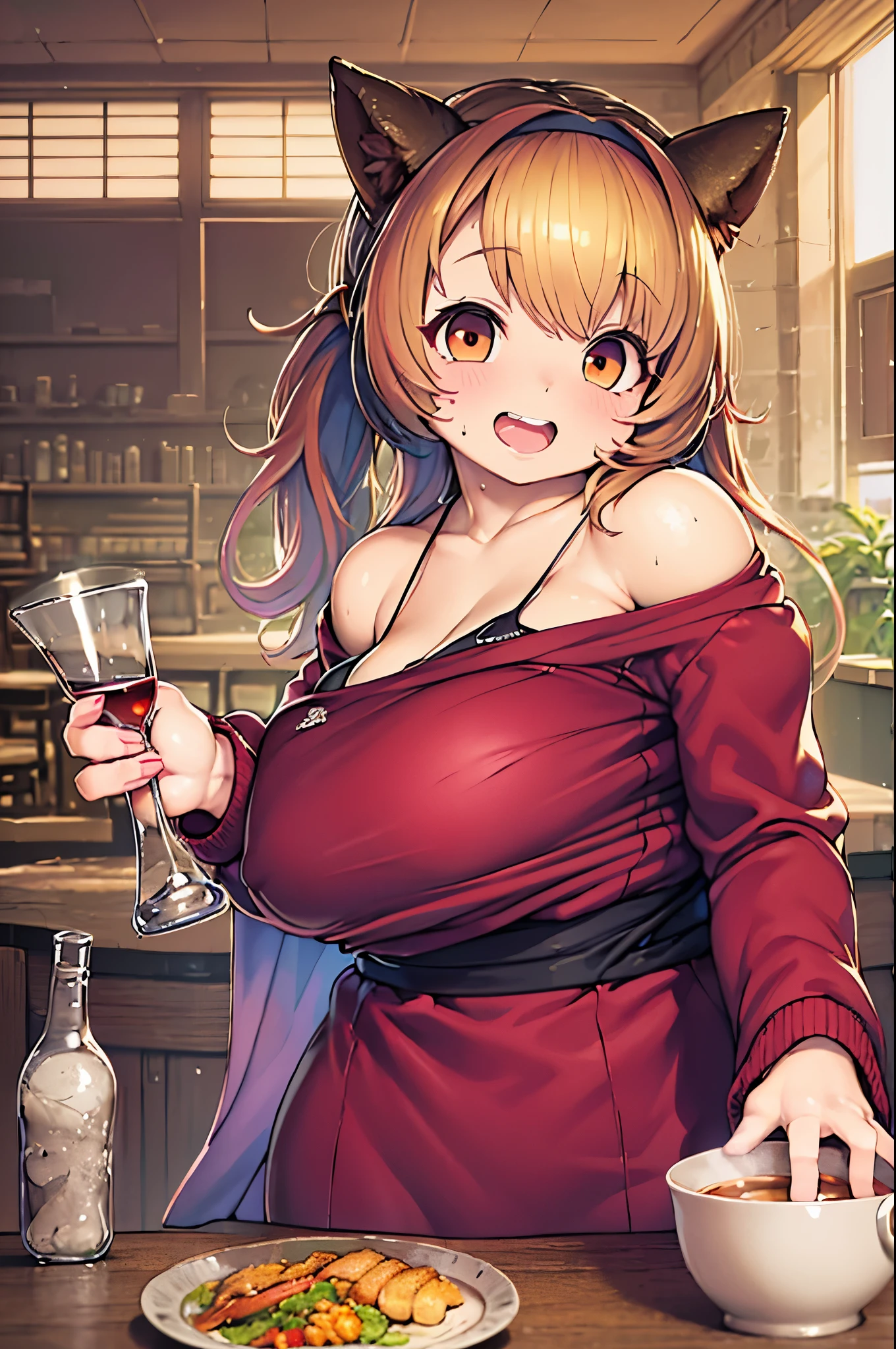 masutepiece, Best Quality, ***1人、huge-breasted 、drinking wine、huge smile、In the tavern、red blush、red fluid、Chibi