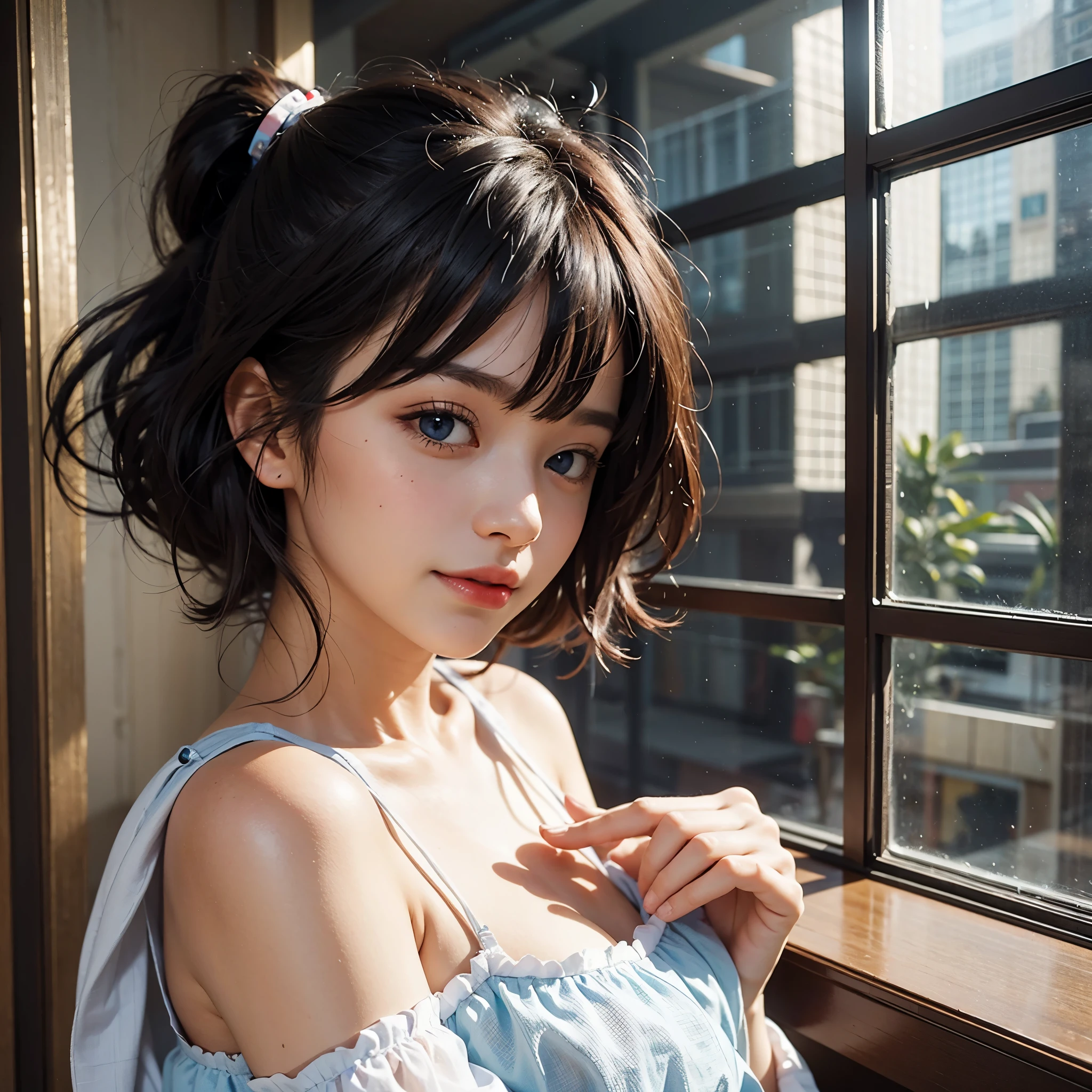 Beautie、8K、An ultra-high picture quality、japanes、1 woman around 20 years old、Black hair、short-cut、Beautiful face with blue eyes、A detailed face、Detailed eyes、realisticeyes、Detailed skin、realskin、Detailed hair strands、dishevled hair、disheveled hair、Slim body、Beautiful body、Nice style、FULL BODYSHOT、Soft looking、sexy route、Smiling、By the window in the room 、tilt the neck、