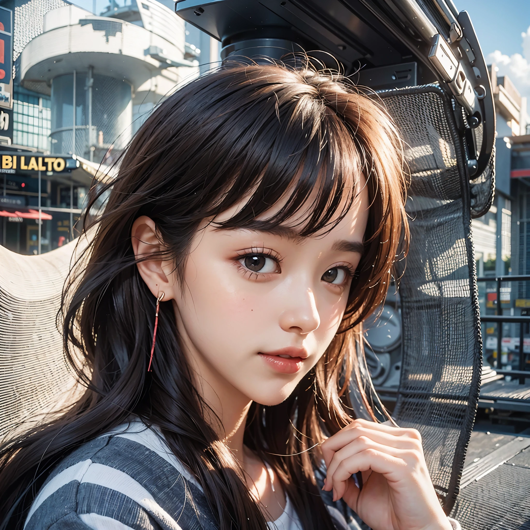1girl in, Fisheye, Selfie, Wind, hair messy, Sunset, Cityscape, (Aesthetics and atmosphere:1.2),Beautiful woman smiling、8K、An ultra-high picture quality、japanes、1 woman around 20 years old、Beautie、kawaii faces、目鼻立ちの整ったBeautie、