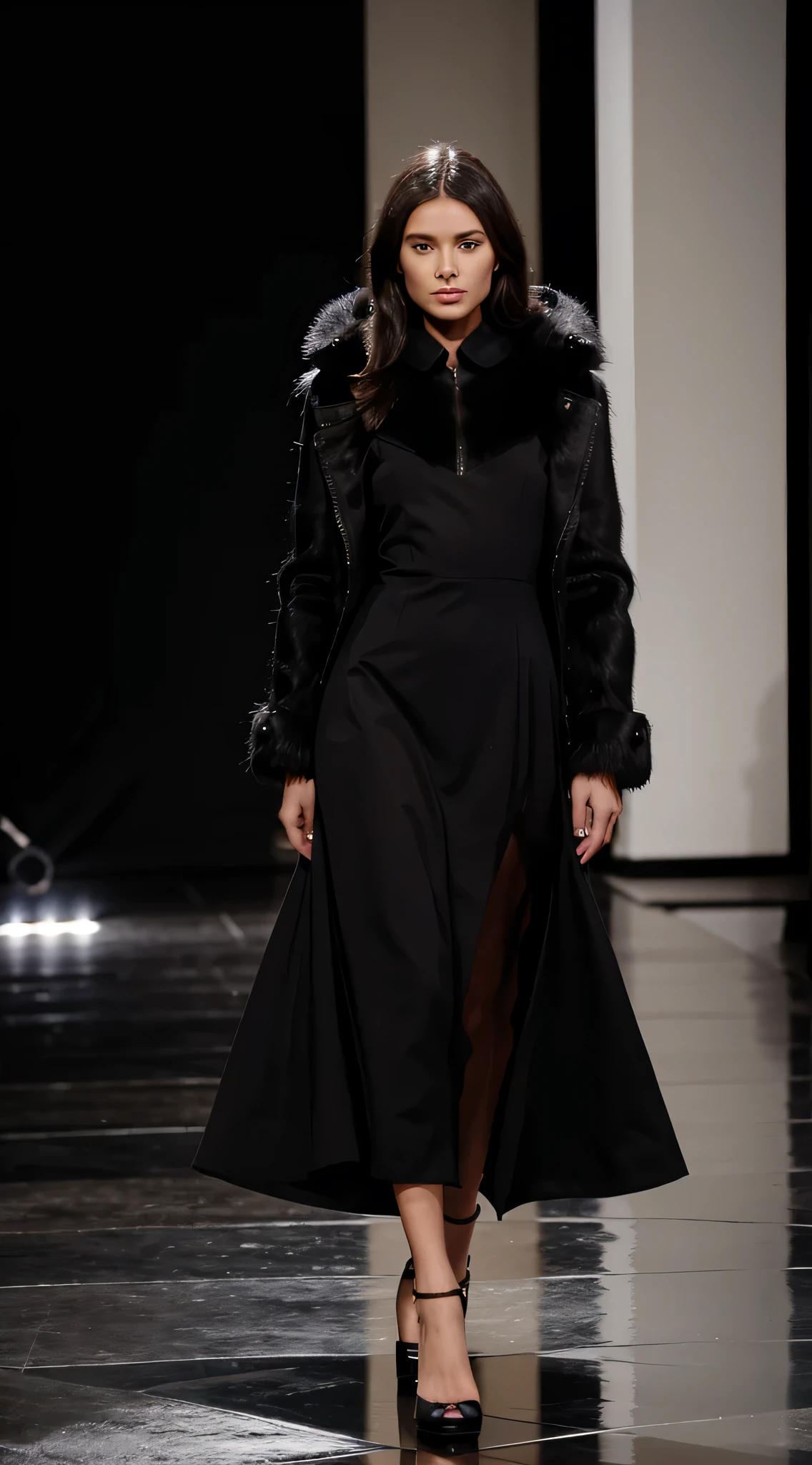 fashion show runway, black elegant dress with fur