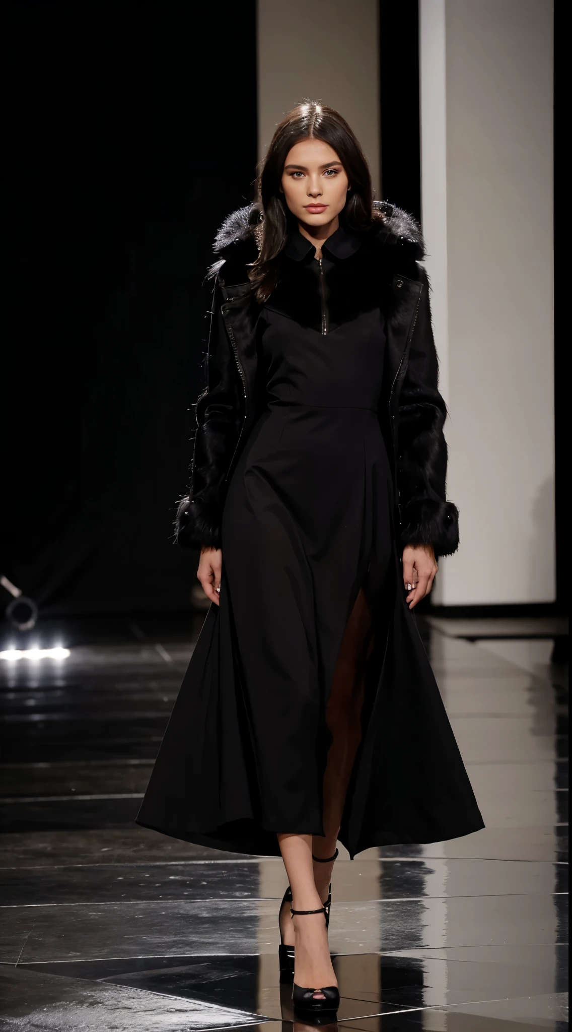 fashion show runway, black elegant dress with fur