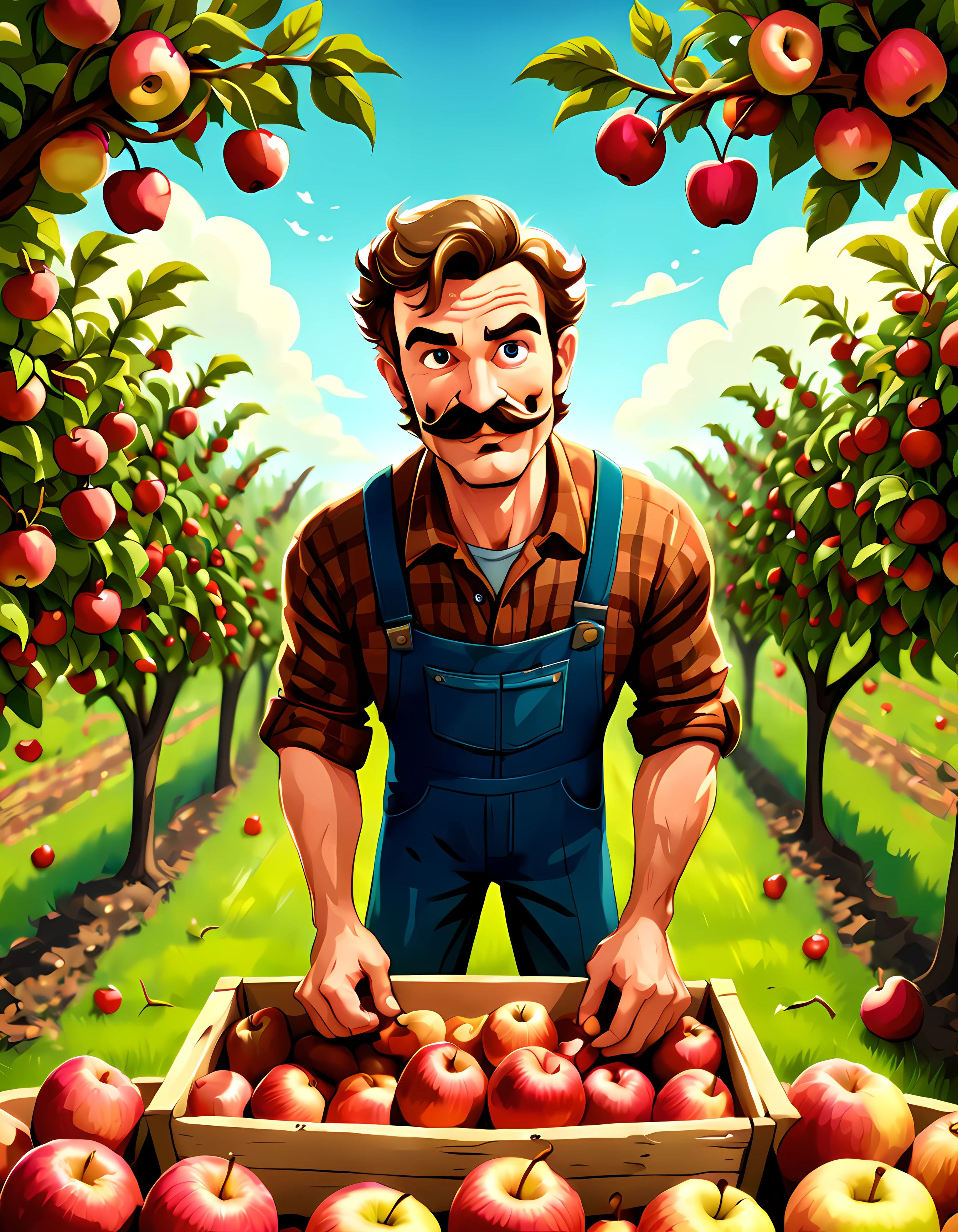 Cute Cartoon, CuteCartoonAF, (cute cartoon style:1.3), (solo:1.3), (high angle view:1.3), a handsome (farmer) ((harvesting)) ripe apples from a bountiful orchard, moustache, romantic | More_Detail