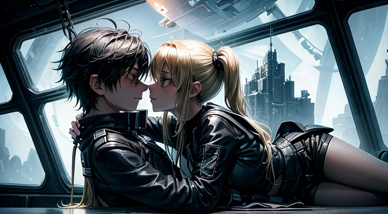 a teenager girl in black pigtails kissing an emo teenager male guy with blonde hair, spaceship, space ship, futuristic