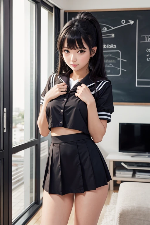 Realistic high school girl wearing a black sailor suit,Hairstyle shortcuts,soio,schools