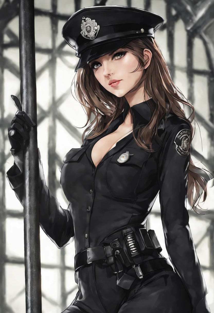 ((tmasterpiece, beste-Qualit)), illustartion, высокая детализация 8k, Realistic focus, Complicated details, one girls, spinner,Dark series,Dark style,Dark,low lighting,darkly,Bellows,She wears a Sexy police uniform,suspender stockings,lace,in prison,She was in a cage,Rugged housing,Sexy & Sturdy,Find out more about ABS,Detailed muscle lines,Dynamic pose in a prison cell,dim murky light,Dirty body,Greasy body,body sweat,Wet floors,There are stains on the body,Stained glass walls,handgun,fetters,rusty,handcuff,Highly detailed police uniform,Highly detailed police cap,police badge,Put on your police cap,Highly detailed police equipment,Normal body proportions,Normal face,Regular hand drawing,full-length photo,High Image,Look from the bottom up,A look from the bottom down, Look at the viewer, completely naked, shows her pussy , Completely nude, no panty, pubic hair, There are no panties, Depraved, Sexy