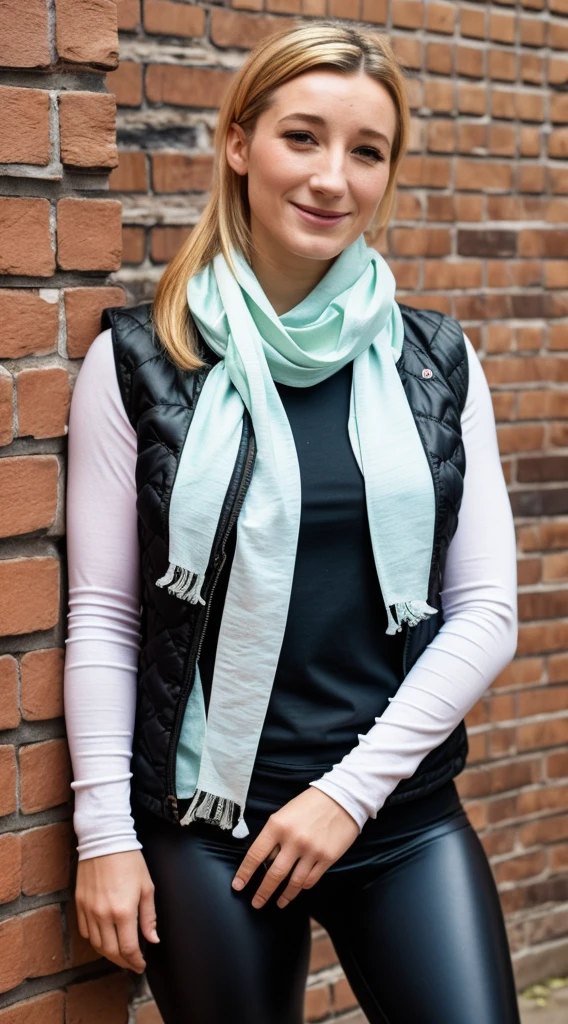 smiling woman with a pink scarf and pink bubble vest with a white long sleeve tshirt underneath, wearing black leggings and uggs, standing in front of a brick wall, this person does not exist, probably in her 30s, petite, diminutive, cute, olga zakharova-irina nordsol uzmina-ann magnuson-karine vanasse-penny marshall-úrsula corbero-emma thompson-saoirse ronan-blake lively-jane seymour-sophie marceau-katie chung-eva saint-mary masterson merged, entire body visible, full body, hyperrealistic, real human skin, best quality, 8K, masterpiece, extremely intricate, detailed eyes, detailed face, detailed body, exaggerated features, pronounced features, fujifilm