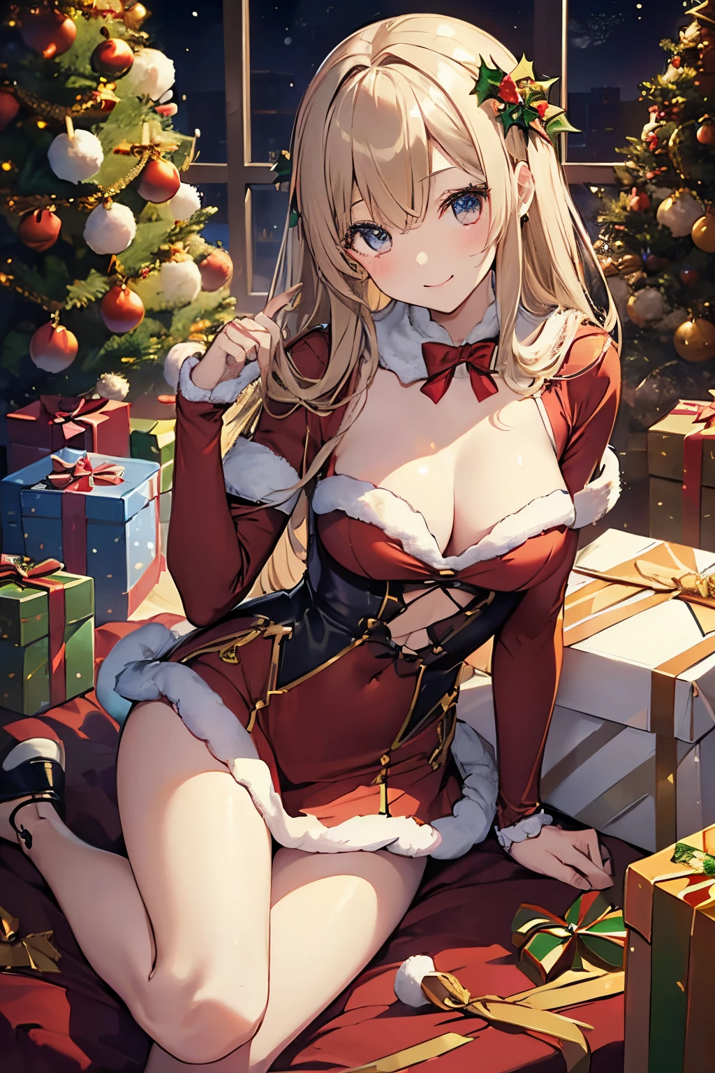 High school girls enjoying a Christmas party、Harlem Party、 (3女の子:1.5)、 BREAK (A dark-haired、long）、（silber hair、long）、（a blond、long）、A smile、17 age、Sexy costume、sexypose、masutepiece, Best Quality, hight resolution, ​masterpiece、full body Esbian、BREAK(Highest quality illustrations:1.2), (Kawaii Girl:1.1),BREAK ((santa costume:1.2)), a miniskirt、(livingroom),room with christmas decorations, Christmas tree、Christmas cake、(3女の子, beautidful eyes, Every detail、​masterpieceサイドライト、​masterpiece、top-quality、detaileds、hight resolutionのイラスト),Delicate Makeup, (a closeup:1.2)、POV、soft focus ground bokeh、Smile, cute little、large full breasts:1.5、超detailedsな目:1.2)、(beauty breast)、thin-waist、ごくdetaileds., Convoluted, masutepiece, absurderes、 ((Smooth texture:0.75, Realistic texture:0.5, Anime CG style)),