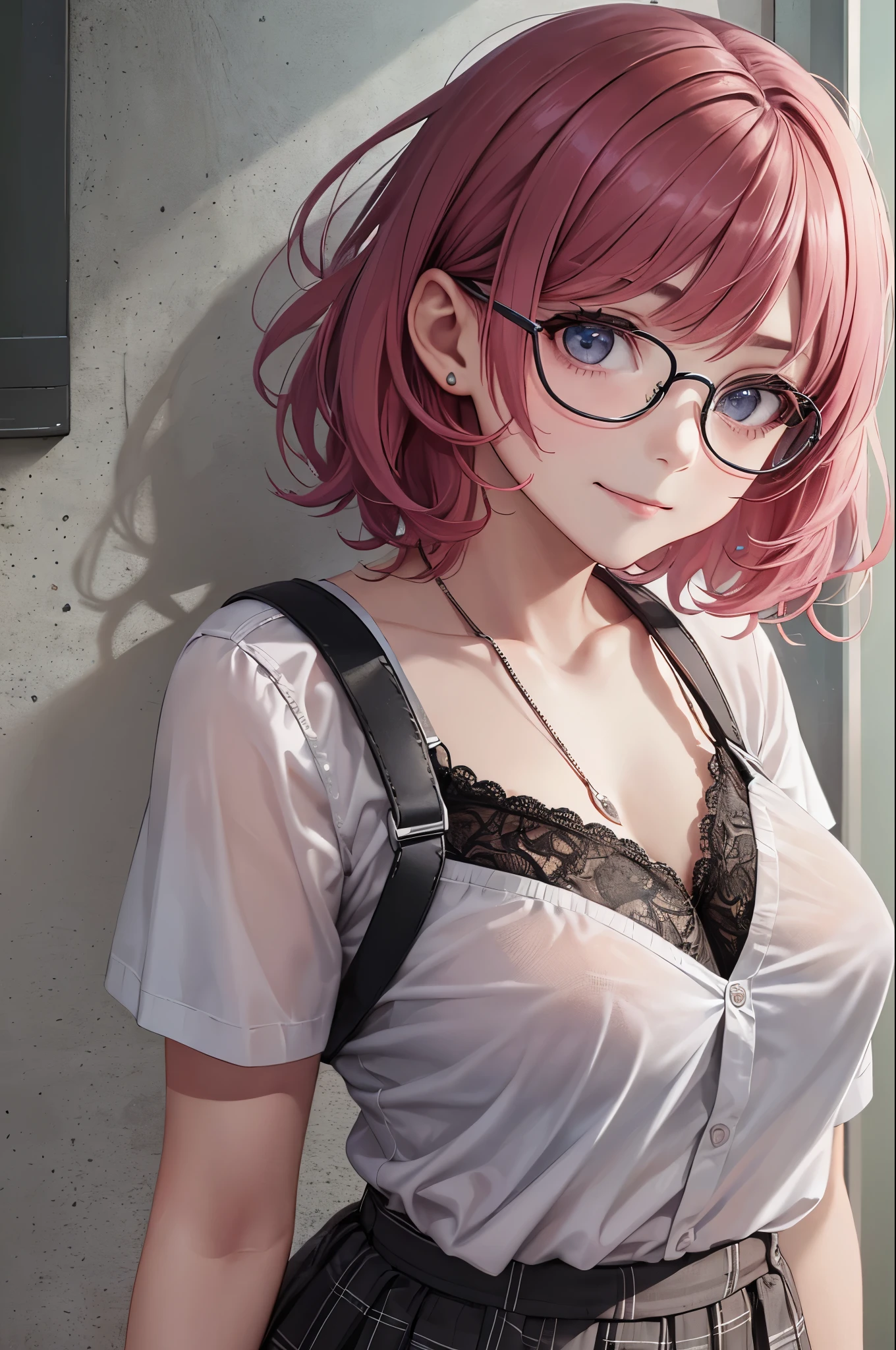 ((masterpiece)、top-quality、girl with、(high school student uniform)、、Perfect Anatomy、eople、girl with、red hairlue hairs、A pink-haired、I'm wearing glasses、short-hair、Braided shorthair、Long、female high-school student、校服、(((Pull up your shirt)))、((no-bra))、((Sheer up your skirt)))、((Lace panties))、((Digging panties))、intersection、A smile、Embarrassed face、angry looking face --auto --s2