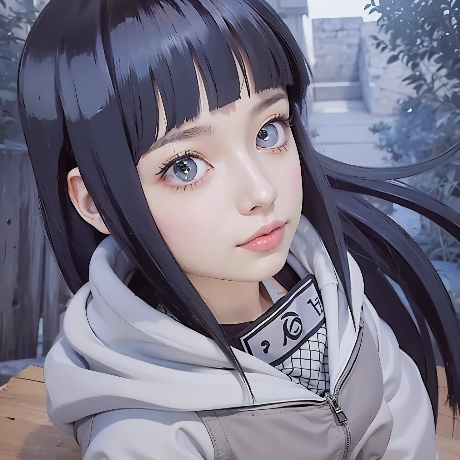 A girl with white and gray t-shirt, white eyes, black and blue hair