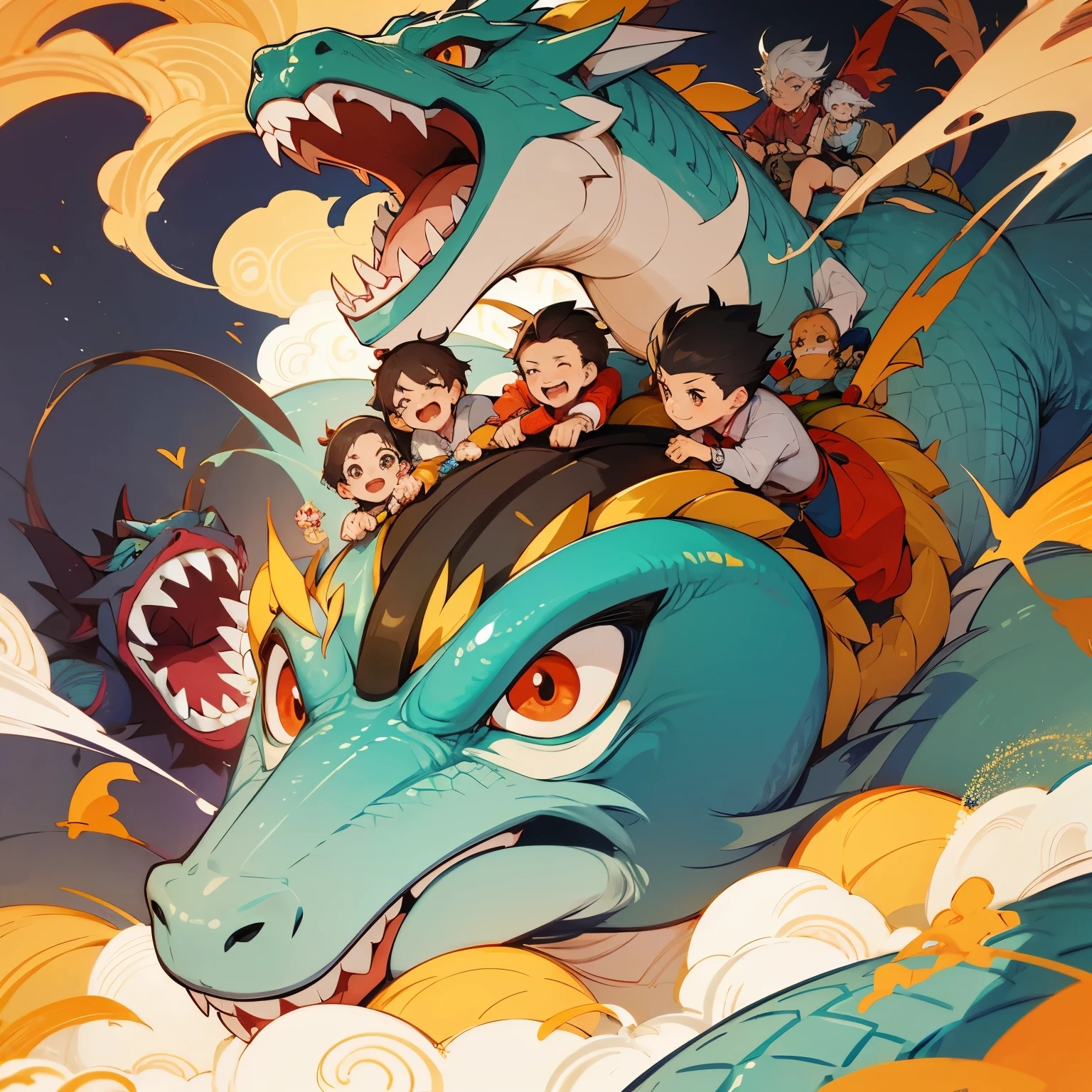 Cute Chinese dragon,5 boys and girls riding on a dragon,