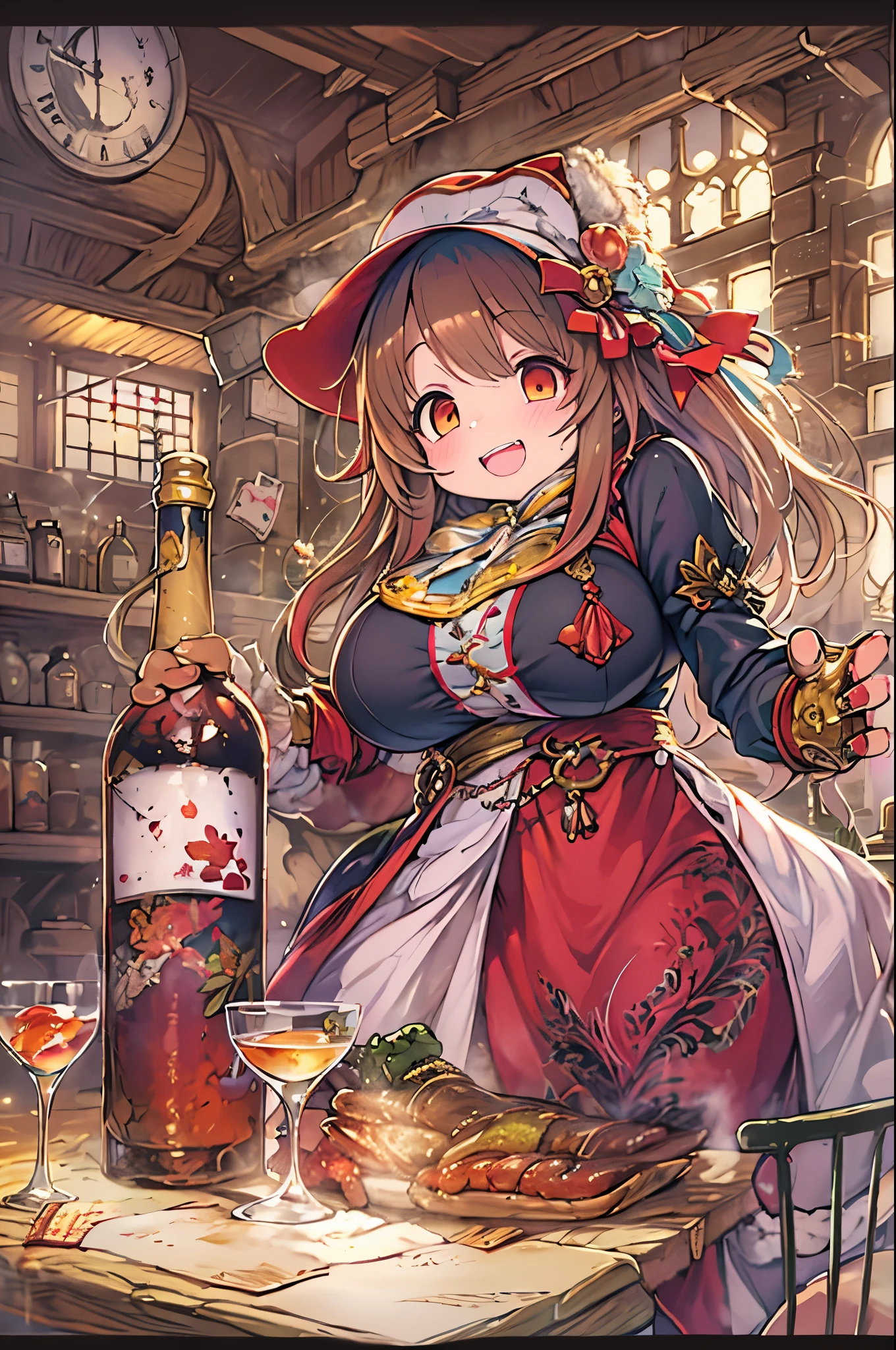 masutepiece, Best Quality, ***1人、huge-breasted 、drinking wine、huge smile、In the tavern、red blush、red fluid、Chibi