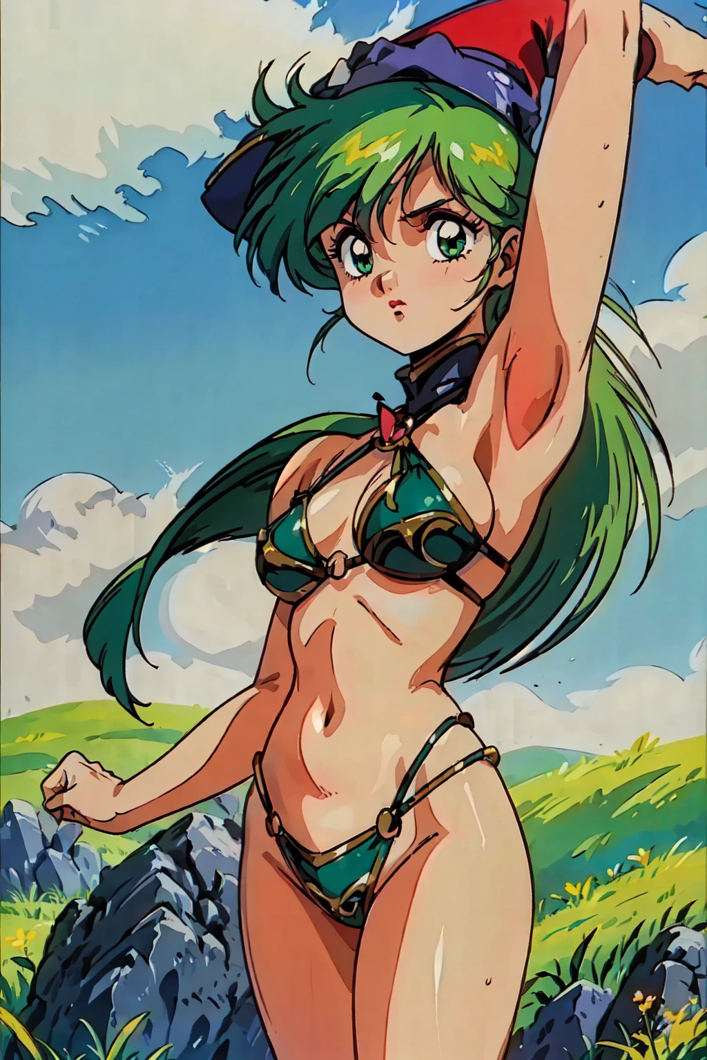 "(masterpiece:1.1), best quality,
1girl, (traditional media 80s:1.4), (eyelashes:1.5), (:1.2),
(intricate high detailed body:1.2),
(green hair:1.1), (hair slicked back:1.2), (long hair:1.1), (witch hat:1.2),
green eyes, (red lip stick:1.2),
(gigantic breasts:1.1),
(expressionless:1.2),
(bikini armor, criss-cross halter:1.2), (knight armor, armored boots:1.2),
(frill:1.1), (accessories:1.1), bracelet,
standing, (dynamic pose, action pose, arm up:1.2),
(upper body, cowboy shot, looking at viewer:1.1),
(daytime, grassland, outdoors:1.1)"