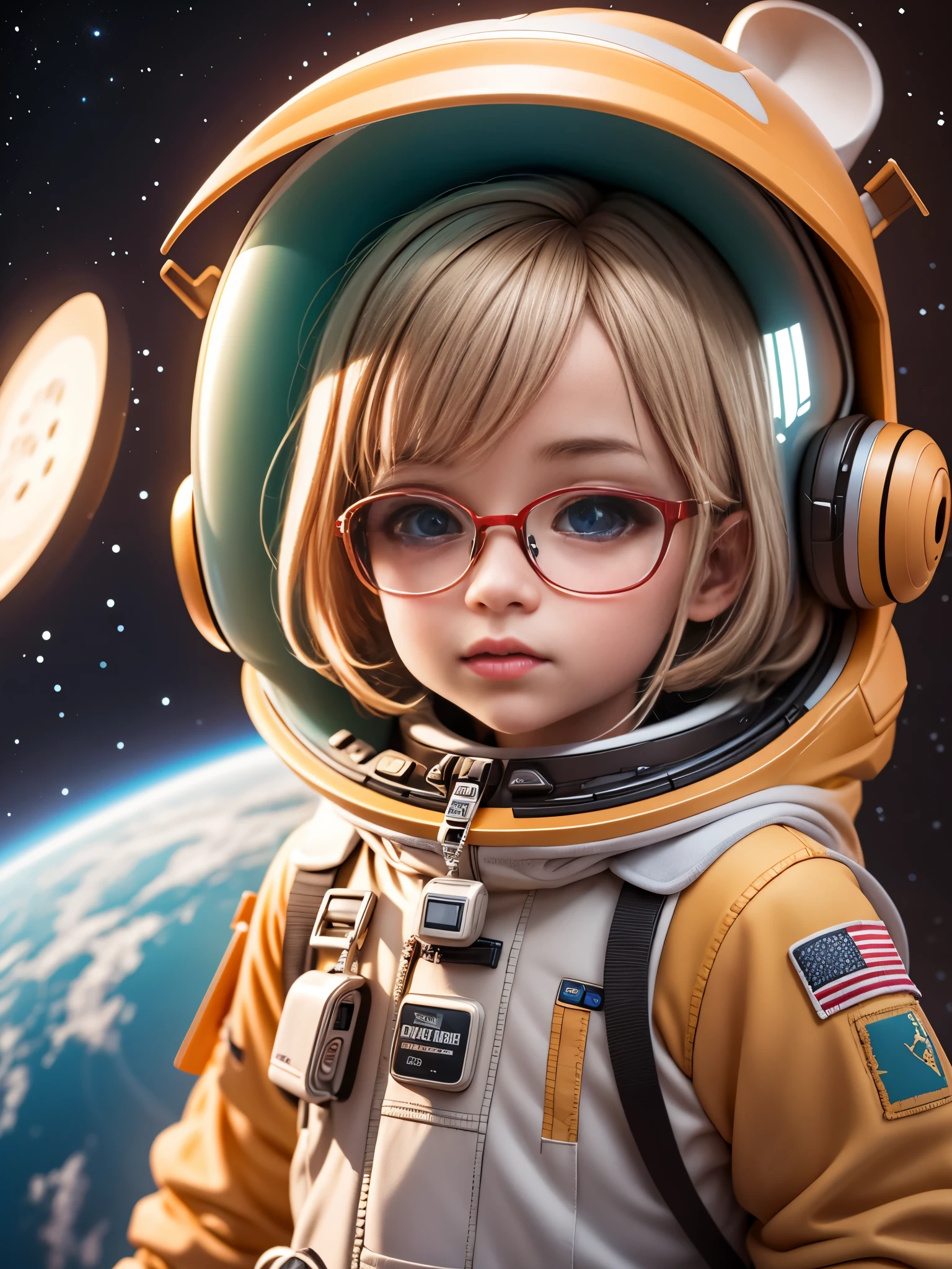 (best quality,4k,8k,highres,masterpiece:1.2),ultra-detailed,(realistic,photorealistic,photo-realistic:1.37),portrait,anime,3D rendering,kid,astronaut,adorable,metallic eyeglasses,helmet,detailed digital art,minimalistic,explorer,space,character,boy,miniature,cute,stylish,comic book style,upward gaze,planet background