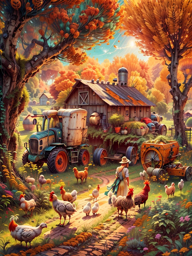 (tmasterpiece:1.2), (Faraway view:1.8), ultra - detailed, (actual, realistically:1.37), vivd colour, magical ambiance, Whimsical, Comfortable,(Farm life: 1.8),((1个戴草帽的美丽女孩在挤taur奶)),(Red roofs and surrounding golden wheat fields and colorful orchardarmers are harvesting with combine harvesters and scythes,and load the fruit onto the truck,cavalos、taur、Animals such as chickens and ducks play in the farm,An oak tree laden with golden acorns,squirrels,autumnal,The wedding was held under the oak tree),(((画面捕捉到了丰收的喜悦和和谐的Farm life))),hyper realisitc的, Psychedelic, Complicated details, Beautiful texture, Ethereal, like a dream, soft luminescent glow, Charming Patterns, Fantasy Farm, Hidden surprises, fantastic farm scenery, hyper realisitc的 color palette, Mystic aura, hyper realisitc, Enchanting journey, psychedelic trip, vivid imagination, immersive experience, mysterious creature, otherworldly charm, hyper realisitc的天空, Whimsical theme park, (a magical encounter,Fascinating artwork),(Ghibli-style colors, first person perspective, hyper HD, tmasterpiece, Acura, Anatomically correct, ctextured skin, super detailing, high detal, high high quality, Award-Awarded, Best quality, 8K)