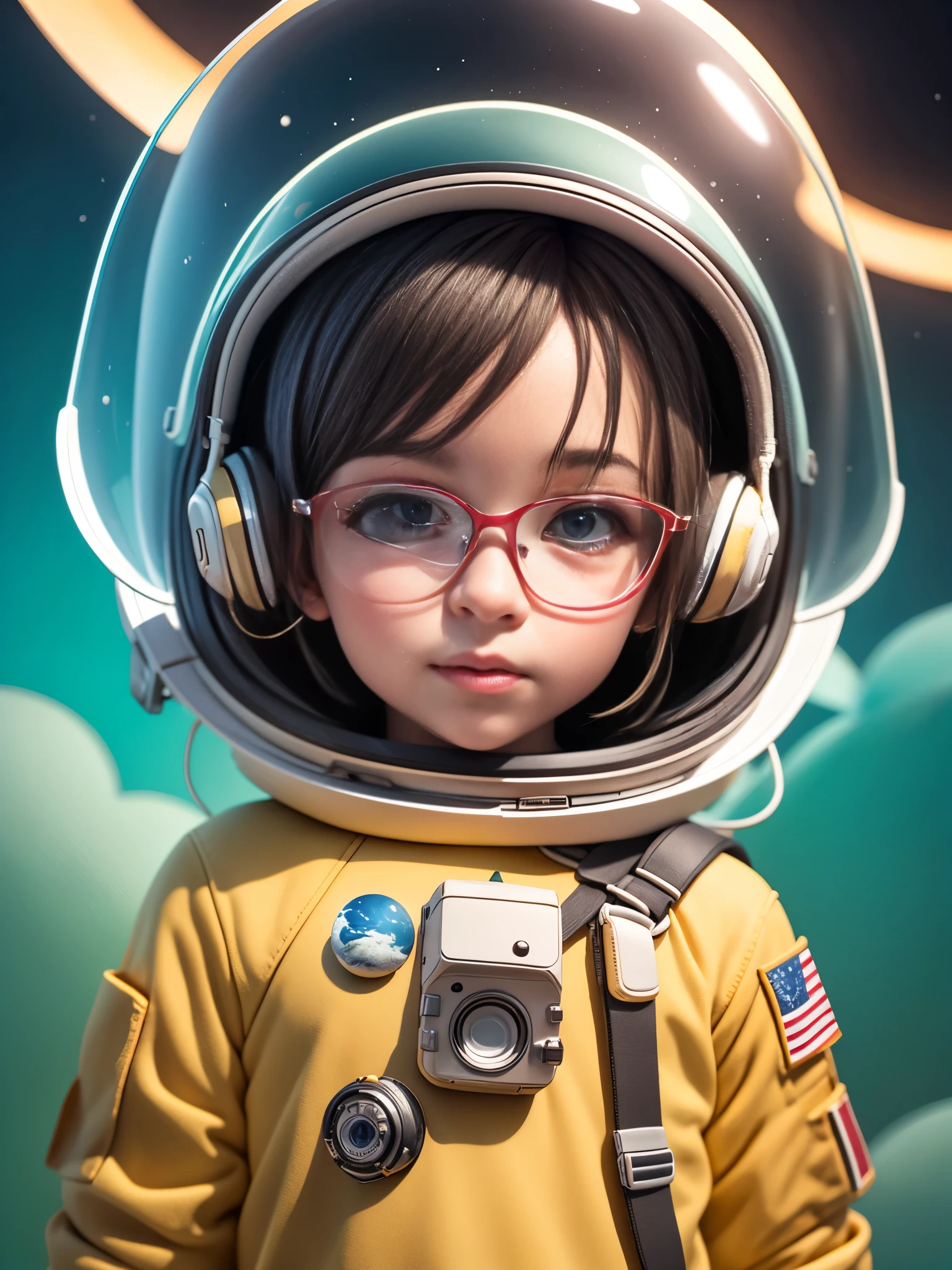 (best quality,4k,8k,highres,masterpiece:1.2),ultra-detailed,(realistic,photorealistic,photo-realistic:1.37),portrait,anime,3D rendering,???,astronaut,adorable,metallic eyeglasses,helmet,detailed digital art,minimalistic,explorer,space,character,boy,miniature,cute,stylish,comic book style,upward gaze,planet background