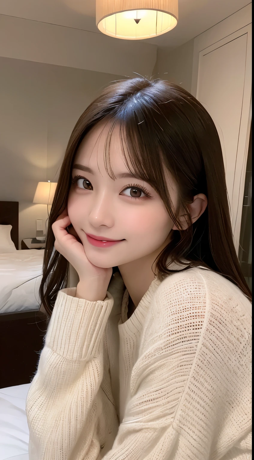 masutepiece, Best Quality, Illustration, Ultra-detailed, finely detail, hight resolution, 8K Wallpaper, Perfect dynamic composition, Beautiful detailed eyes, Trendy Women's Winter Fashion,Straight hair,Small breasts natural color lip, sexypose,Smile,luxury home bedroom、20 years girl、Cute、is looking at the camera,Background blur