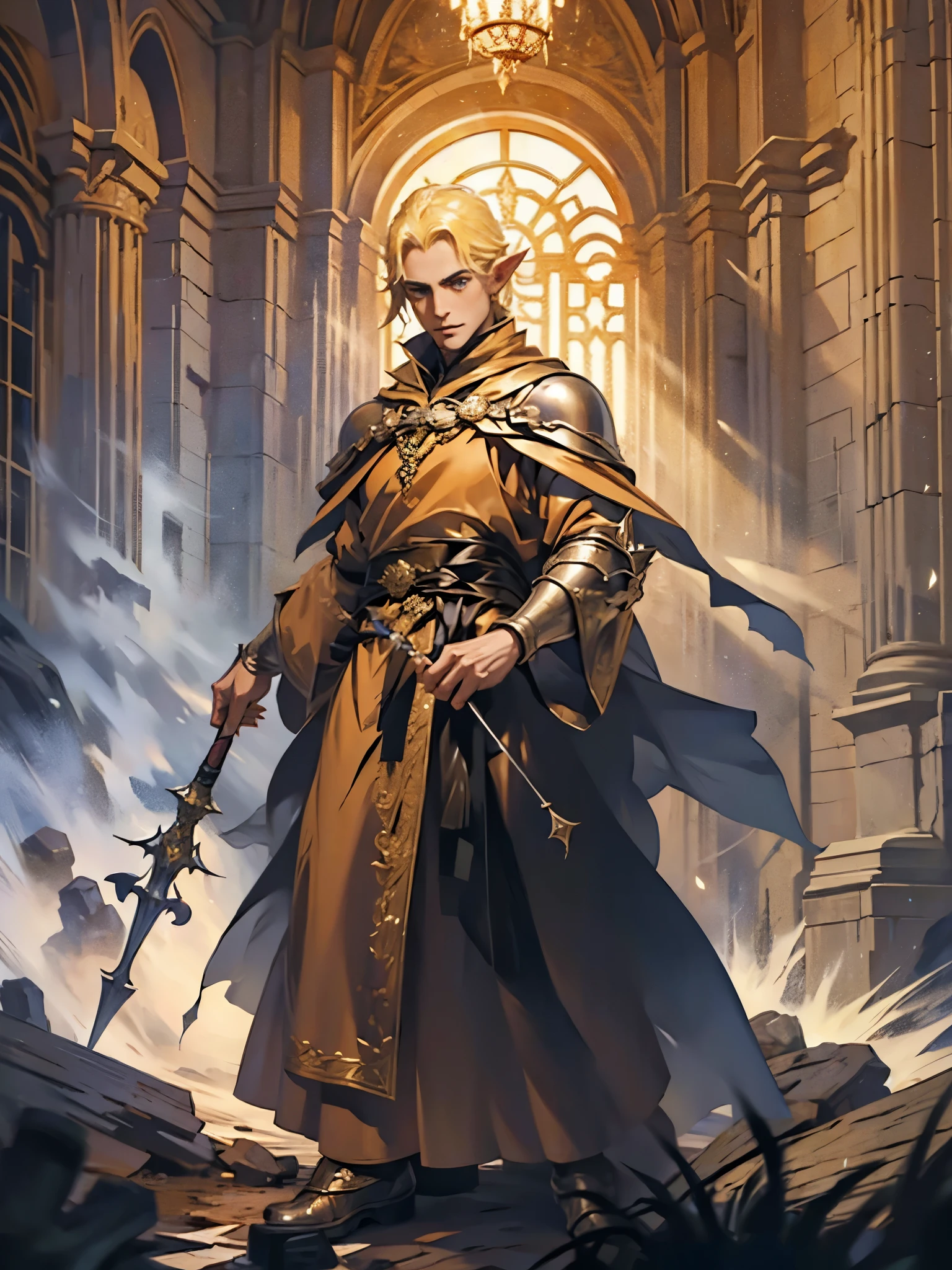 A blonde male high-elf sorcerer with no facial hair, wearing long robes for nobility, no armour, using a quarterstaff to produce ice magic in a noble setting.