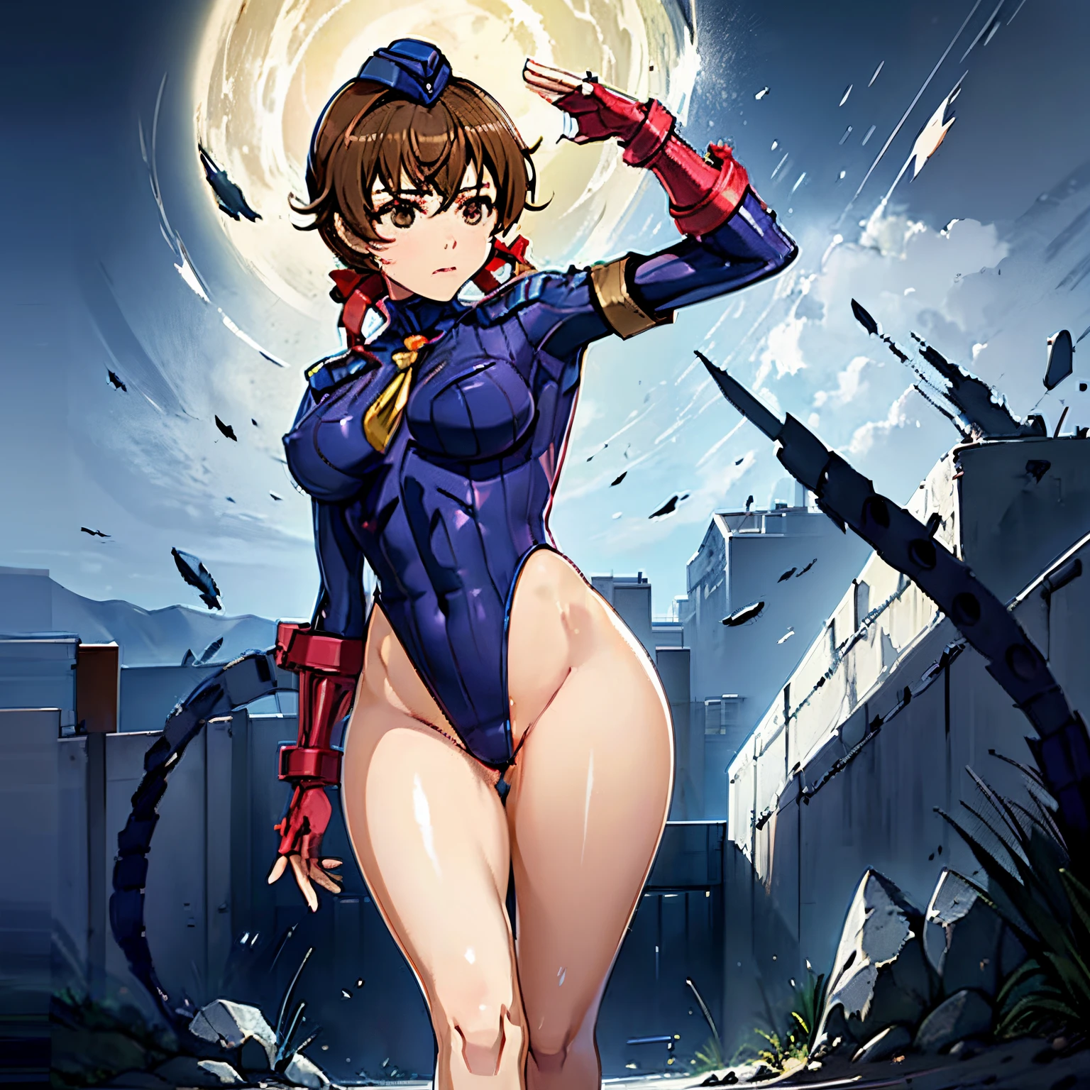 ultra-detailed, Explicit, Beautiful body, Beautiful Nose, Beautiful character design, perfect eyes, perfect face, ultra highres, 4K, beautiful legs, perfect legs, Nice hands, Perfect hand, Masterpiece, Best Quality, Highly detailed, illustration, absurdres, street fighter, doll suit, shadaloo doll, dollsuit, girls, multiple girls, expressionless, blank eyes, looking at viewer, red gloves, emotionless, black latex, corrution, mind control, female combatant, full body, hypnotized, unhappy trance, full body suit, ribbed bodysuit, both arms at side, stand up straight, obey, perfect female body, extremely glossy latex, hypnosis, hypnoLora, empty eyes, Mind control device, poses, submissive_pose, Slave, hat, necktie, stand up straight, standing, standing at attention, Slave, hat, necktie, belt, extending the right arm from the shoulder into the air with a straightened hand, nazi saluting, military, military saluting, salute, latex, ribbed bodysuit, wide hip, thicc, a curvy body, brown hair, gold eyes, Guilty Crown, Menjou Hare