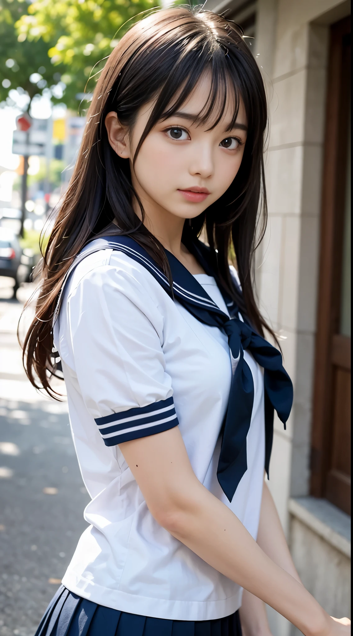 (masutepiece, Best Quality:1.2), 8K, Official art, Raw photo, unbelievable Ridiculous, (Upper body, Sailor Uniform, serafuku:1.4), Beautiful Girl, Pretty Face, arching back down, (Navy pleated skirt:1.1), close up, School uniform, Short sleeve, gardenia, violaceaess, , Street, Looking at Viewer, No makeup, Film grain, chromatic abberation, Sharp Focus, face lights, Dynamic lighting, Cinematic lighting, Eyes and faces with detailed, Bokeh background