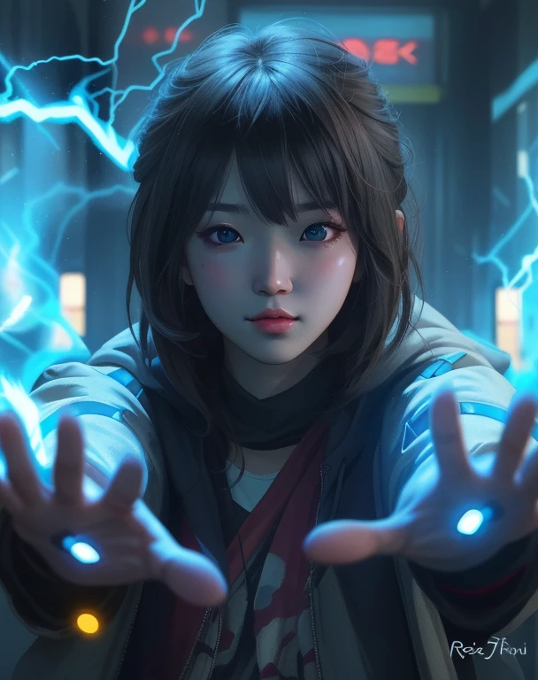 arafed image of a girl with a blue light in her hands, ross tran 8 k, powering up aura, anime style mixed with fujifilm, portrait of max caulfield, connected with glowing tubes 8 k, wojtek fus, full portrait of electromancer, junji ito 4 k, cinematic lightning and colors, anime lighting, little girl with magical powers