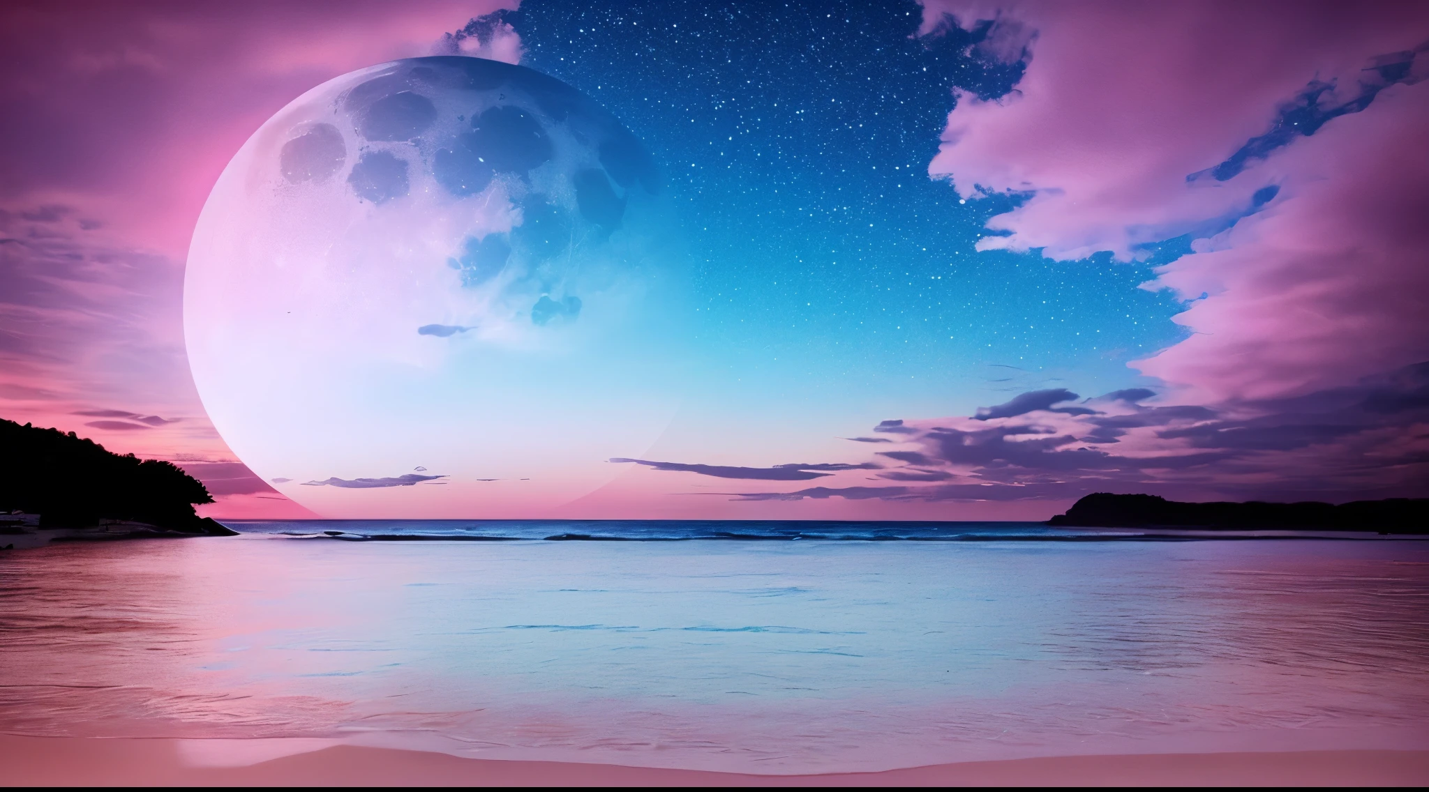 Pink moon, pink sky, soft pink clouds, pink ocean waves sparkling, sparkling, pink roses on pink ocean, fantasy, diamond, crown, universe, soft lights,