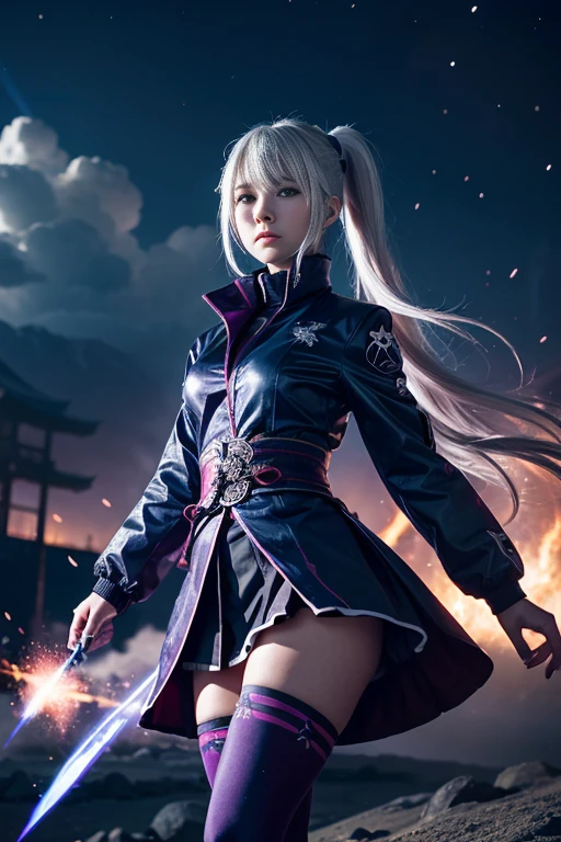 1girl, japanese clothes, ponytail ,white hair, purple eyes, magic circle, blue fire, blue flames, wallpaper, landscape, blood, blood splatter, depth of field, night, light particles, light rays, sidelighting, thighs, fate \(series\), genshin impact, ****, open jacket, skirt, thighhighs, cloud