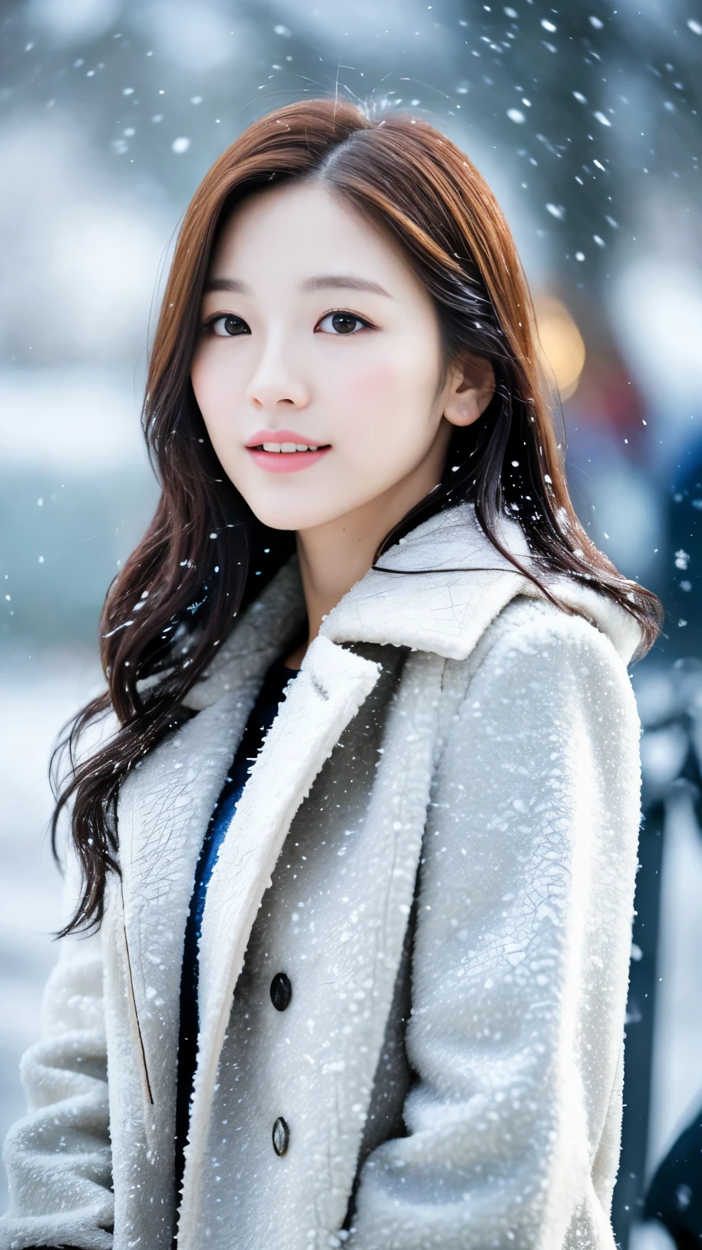realistic photos of (1 cute Korean star) Shoulder-length hair, thin makeup, medium breasts size, wearing coat, in the snow, clear facial features, 8K high resolution, sharp and realistic details.from outside, Eye-Level Shot, f/4.0, 135mm, Fujifilm, jpeg artifacts, dithering, UHD, masterpiece