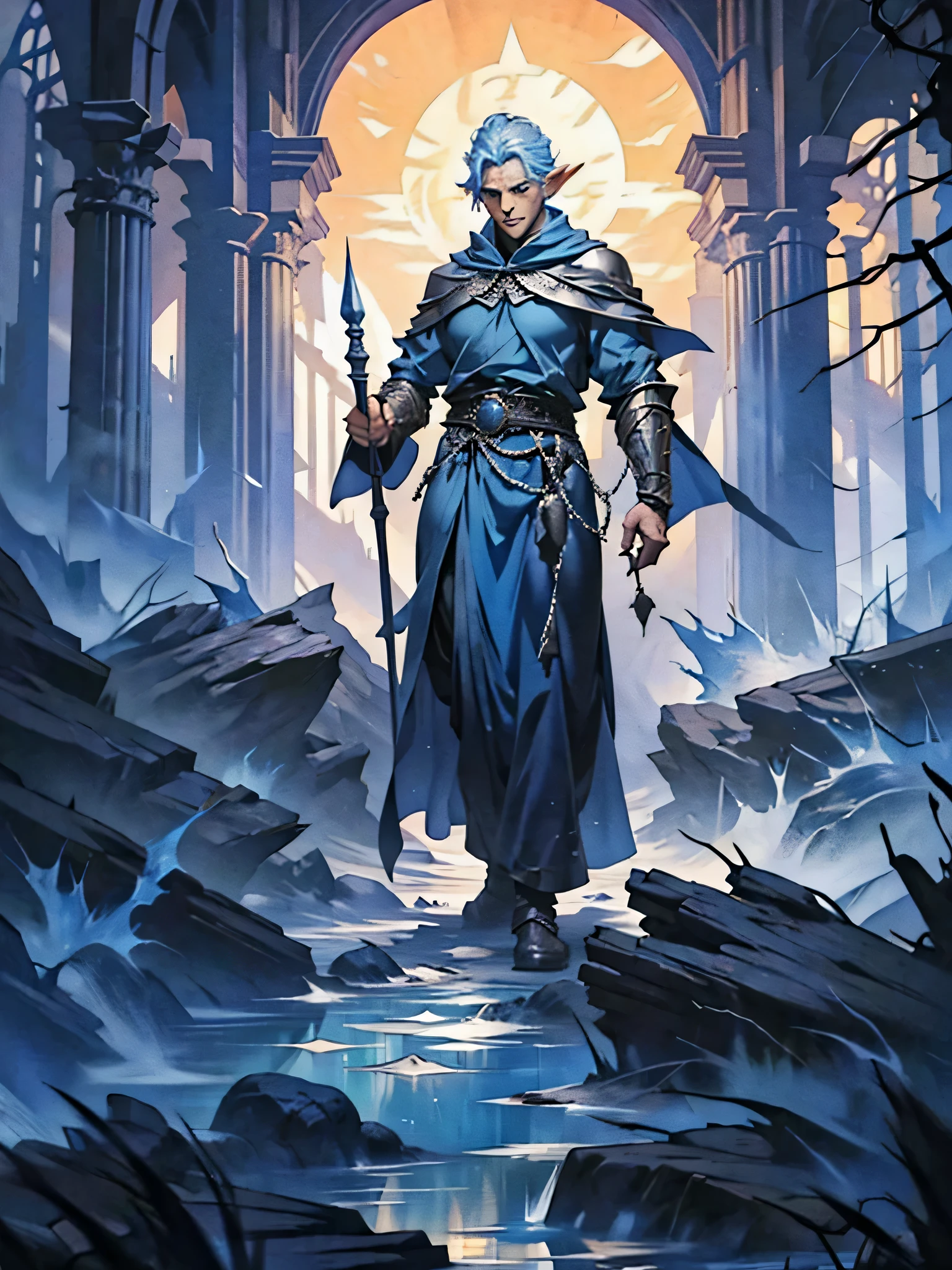 A blue haired male high-elf sorcerer with no facial hair, wearing long silver robes for nobility, no armour, using a quarterstaff to produce ice magic in a noble setting.