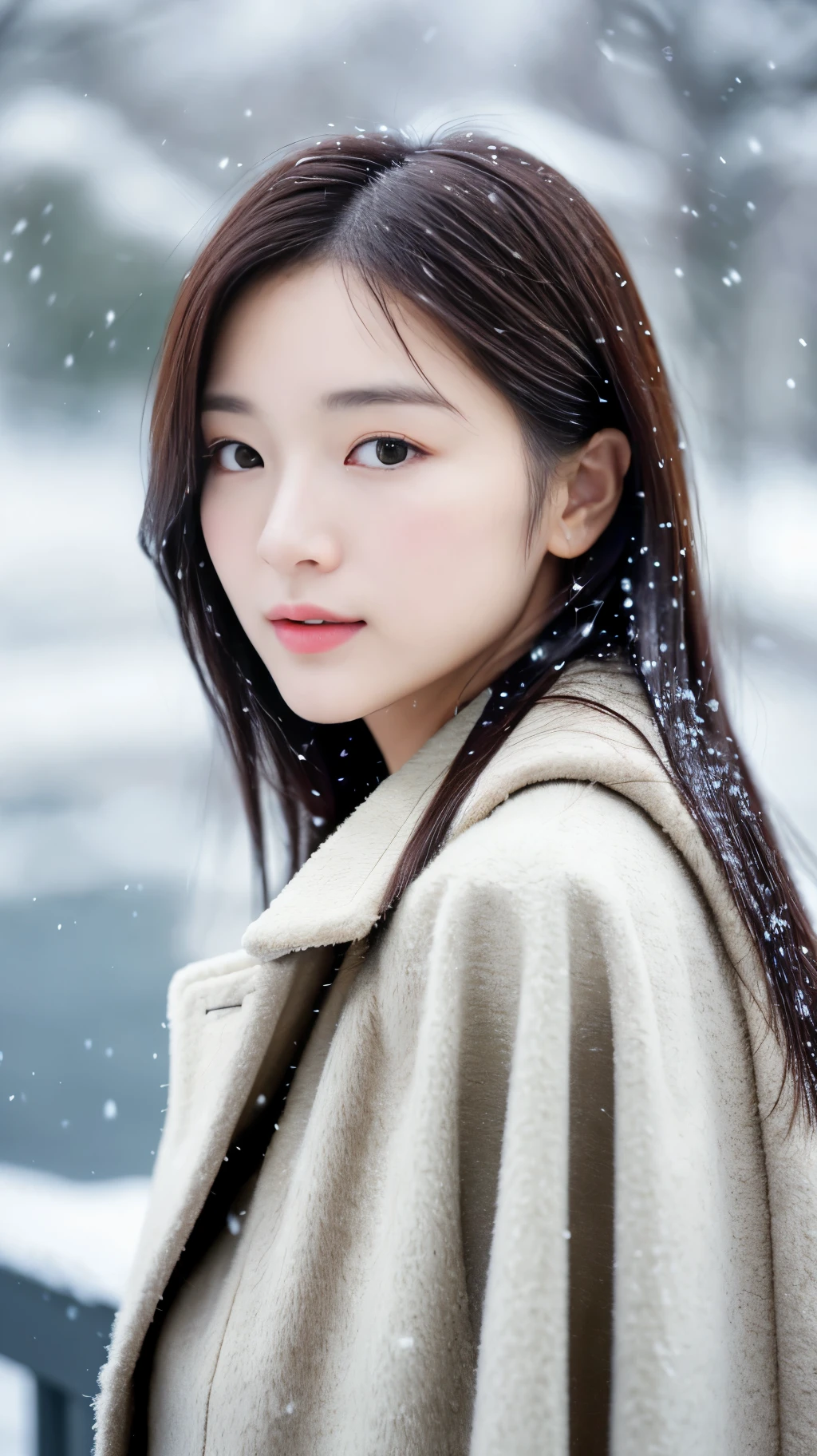 realistic photos of (1 cute Korean star) Shoulder-length hair, thin makeup, medium breasts size, wearing coat, in the snow, clear facial features, 8K high resolution, sharp and realistic details.from outside, Eye-Level Shot, f/4.0, 135mm, Fujifilm, jpeg artifacts, dithering, UHD, masterpiece