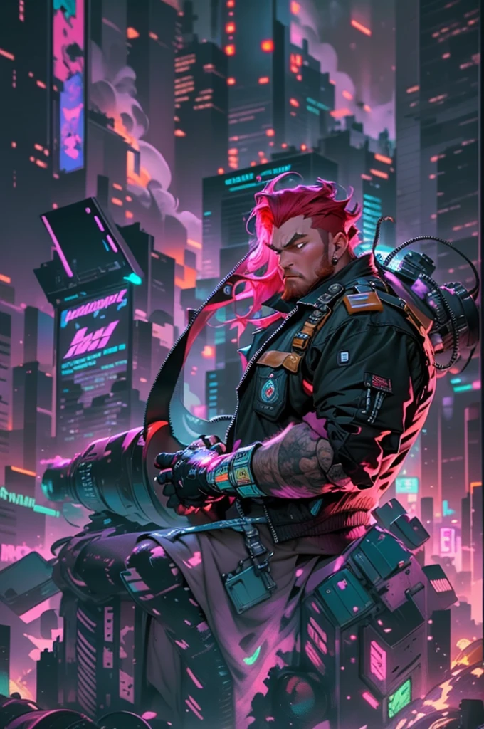 Extreme long shot, high angle shot, character Carlson man with airplane propeller on his back, obese build and big belly and cheeks, red hair, Wearing leather vest, Mechanical leg, Mechanical prosthetic arm, Cyberpunk style, flying over night city with Cyberpunk skyscrapers, super fast lens, pink and green neon, Astrid Lindgren character, cinematic hbo, highly detailed, 8k, free flight scene, it's raining
