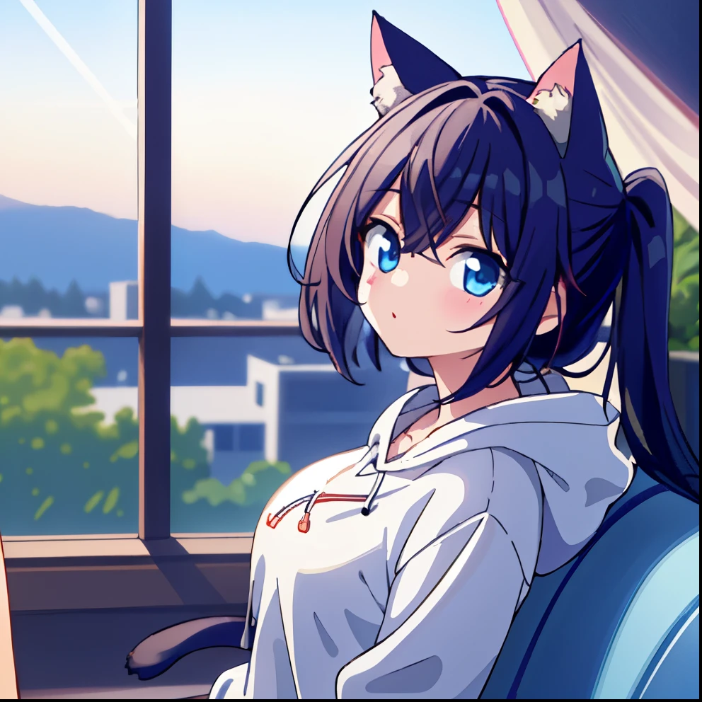 Insanely detailed, absurderes, 超A high resolution, Ultra-detailed, Best Quality,
1girl in, Solo, 
Sitting, Cute Pose,
thin from the side, kawaii, Perfect symmetry face, Super cute girl, Super cute face, Ultra-detailed細目, Ultra-detailed細な髪, Super cute, ultra beautiful,
BREAK, depth of fields,
medium large breasts,
breaking black hair, hair messy, Indigo eyes, hair between eye、Gentle eyes、Loose hoodie、cat ear