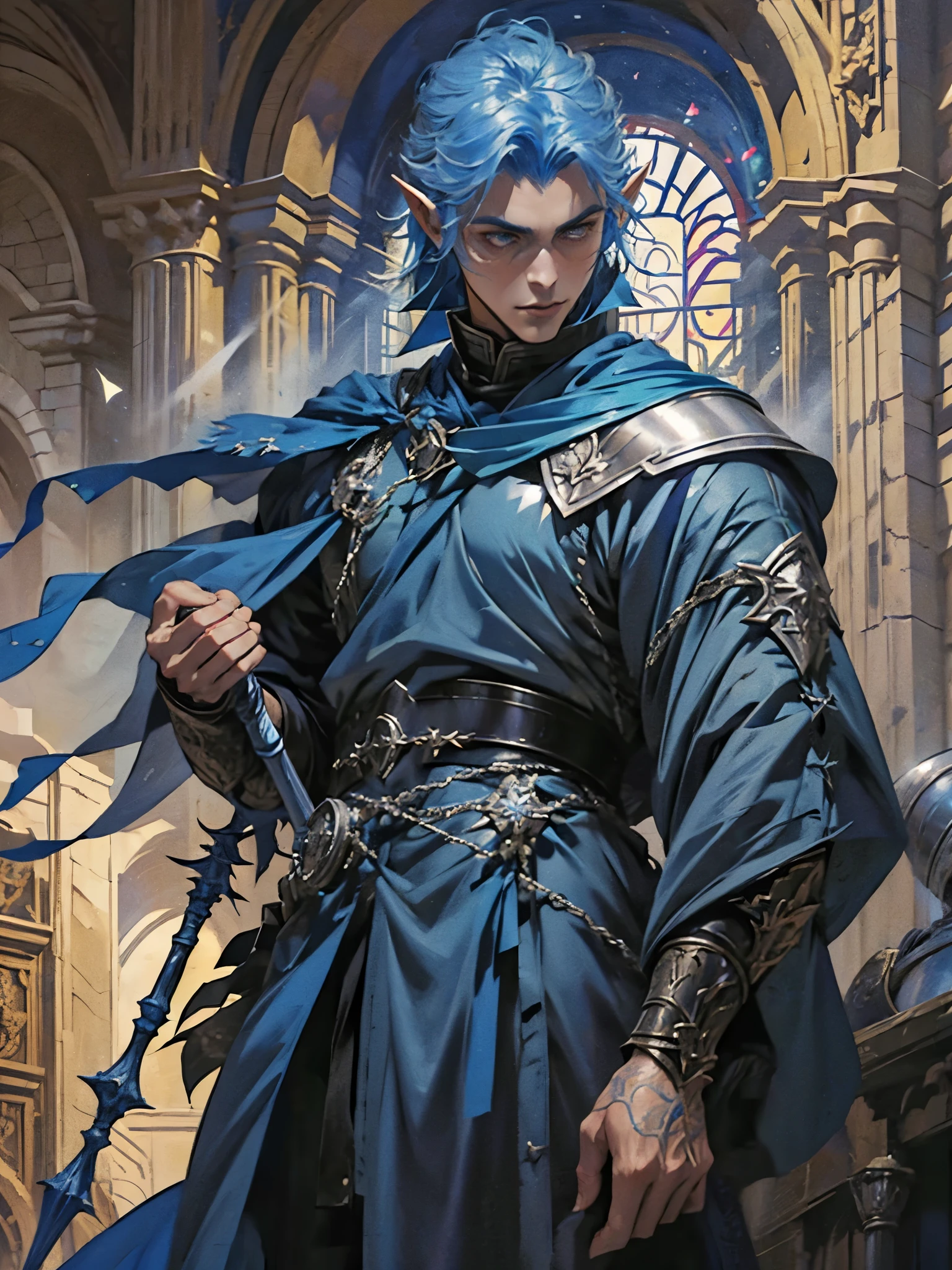 A blue haired male high-elf sorcerer with no facial hair, wearing long silver robes for nobility, no armour, using a quarterstaff to produce ice magic in a noble setting. Make the picture a close-up upper body shot.